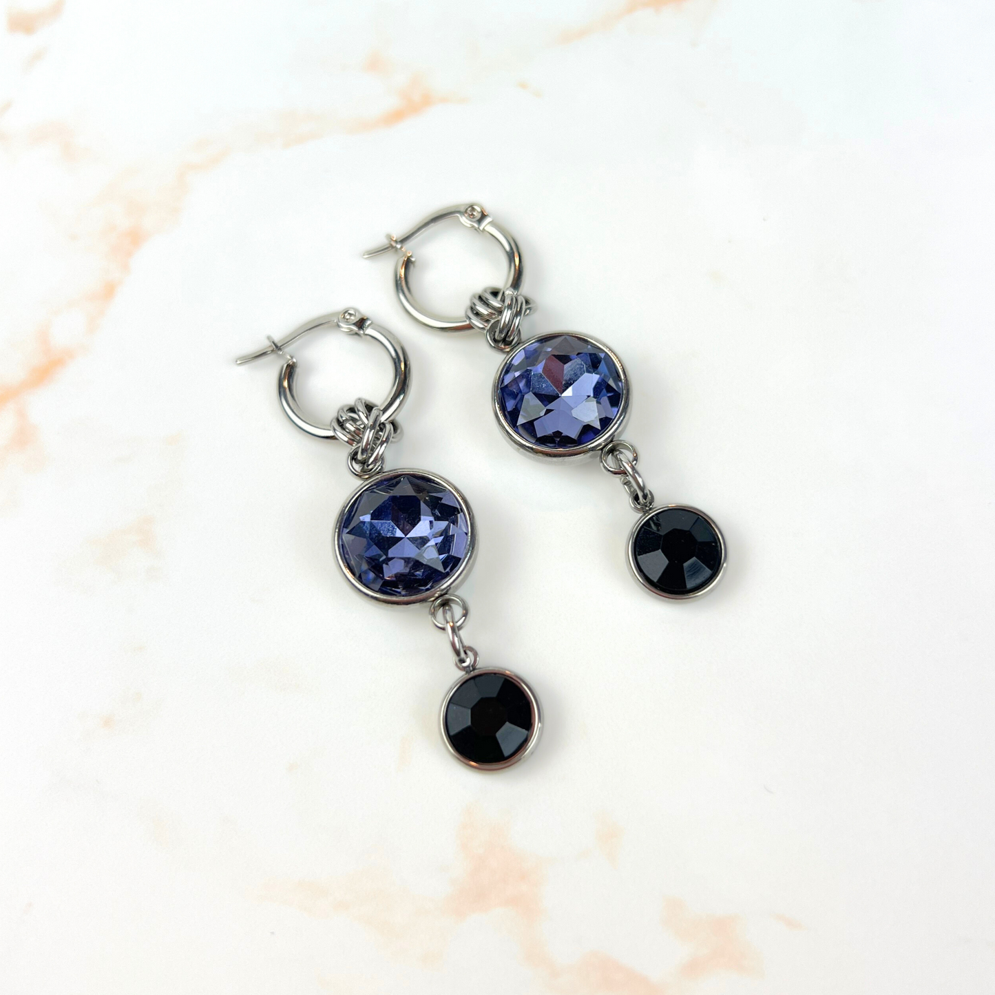 The Femme fatale earrings, rhinestones dangle and drop hoops, stainless steel Baguette Magick