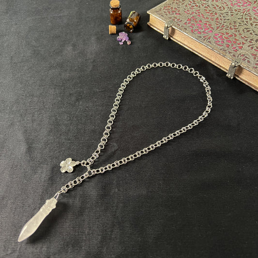 Quartz and flower Thot pendulum necklace, adjustable stainless steel chain Baguette Magick