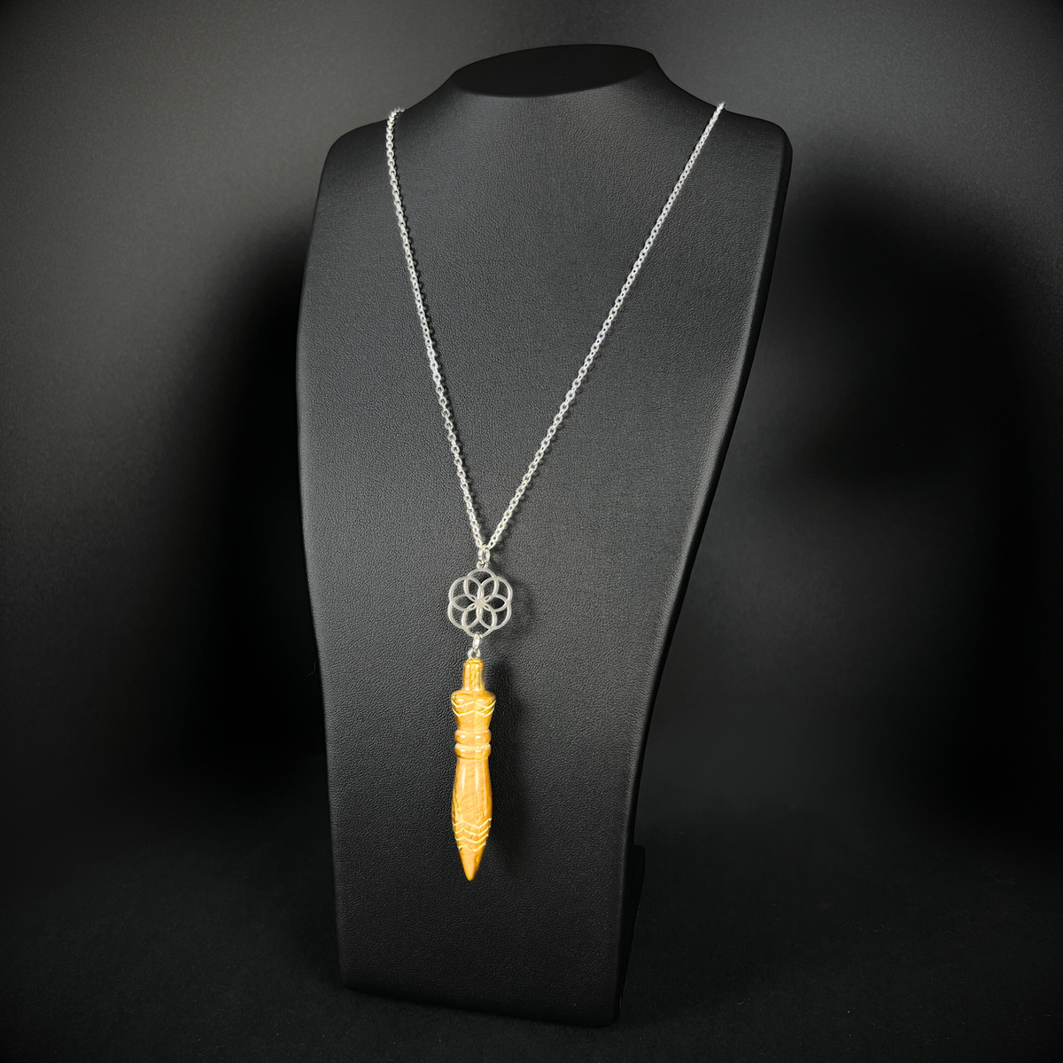 Engraved Egyptian Thot pendulum necklace, tiger's eye, flower of life, stainless steel Baguette Magick