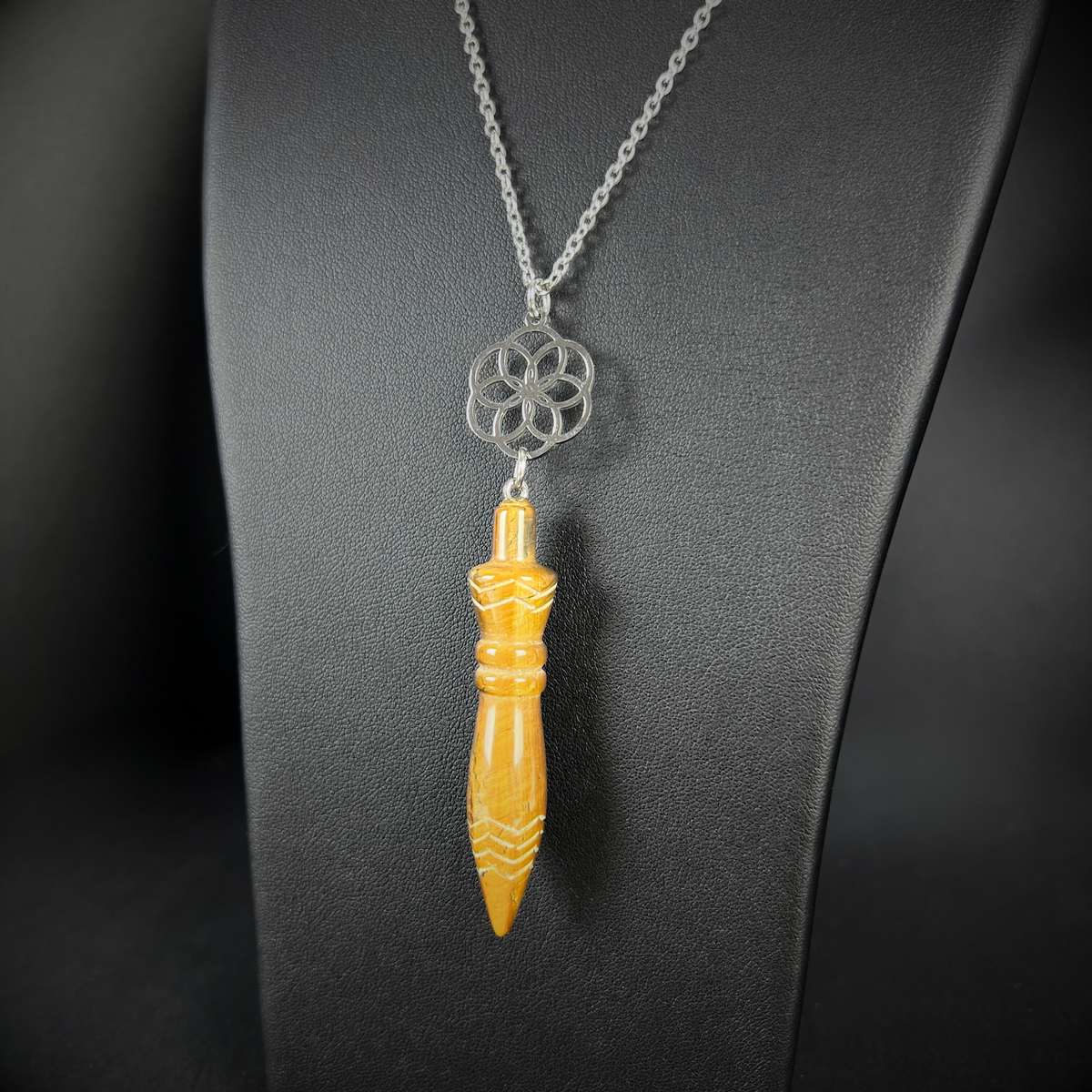 Engraved Egyptian Thot pendulum necklace, tiger's eye, flower of life, stainless steel Baguette Magick