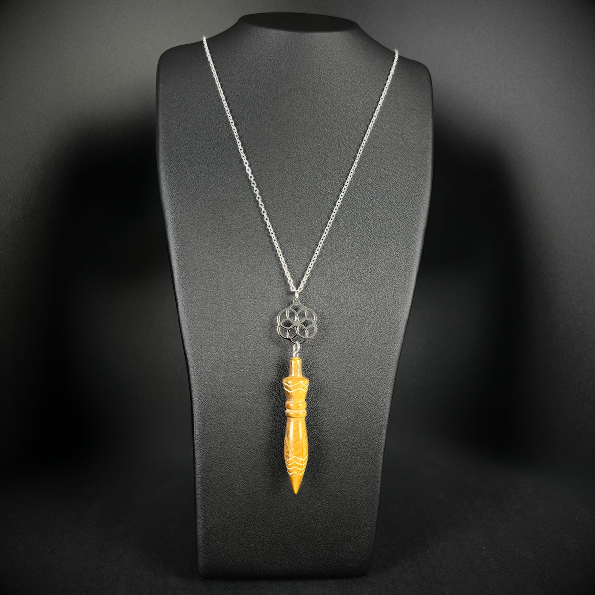 Engraved Egyptian Thot pendulum necklace, tiger's eye, flower of life, stainless steel Baguette Magick