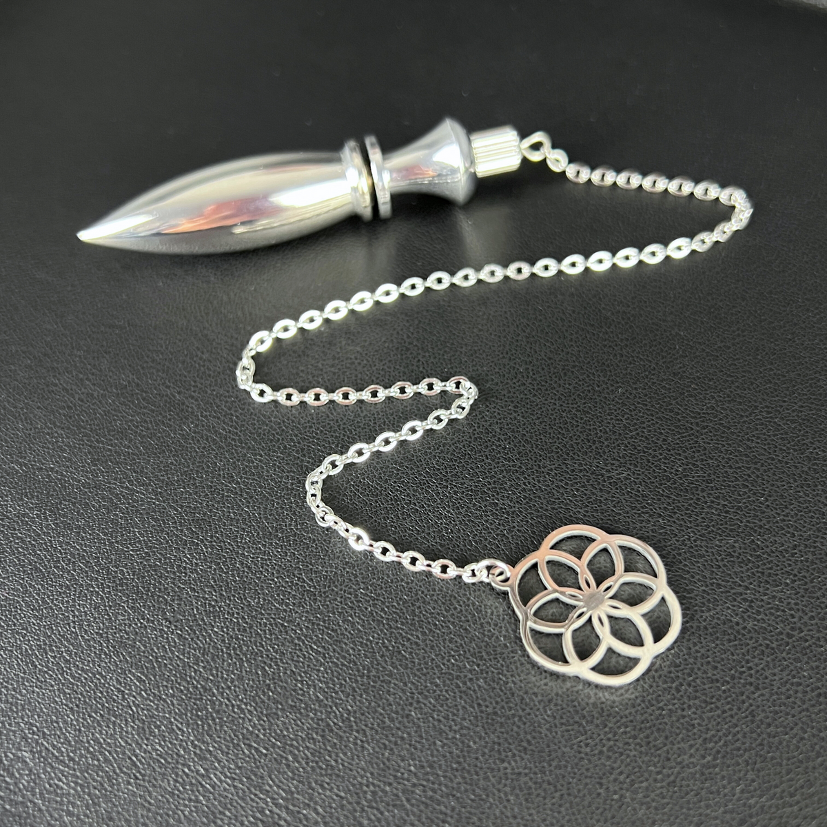 Metal Thot pendulum with a flower of life symbol Baguette Magick