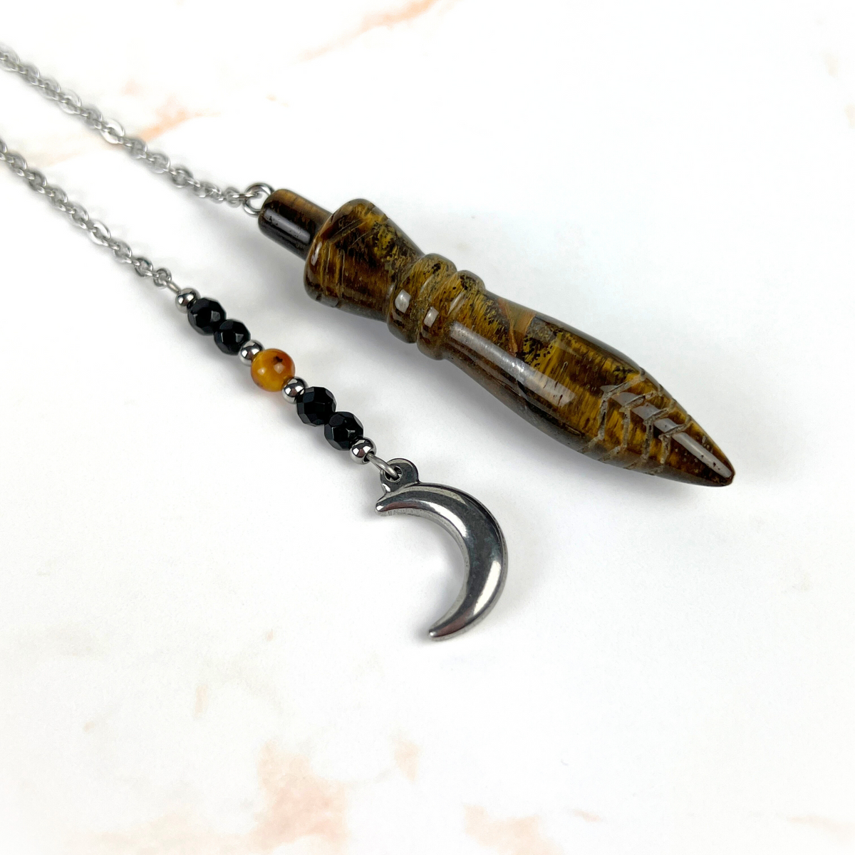 Engraved Egyptian Thot pendulum, tiger's eye, onyx, stainless steel, Moon crescent charm Baguette Magick