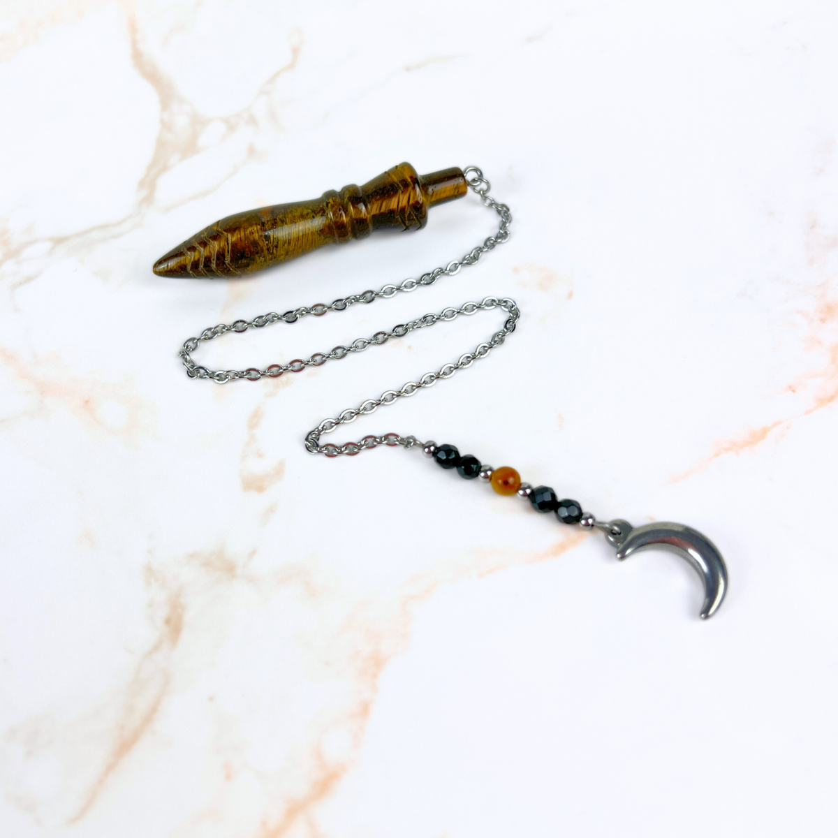 Engraved Egyptian Thot pendulum, tiger's eye, onyx, stainless steel, Moon crescent charm Baguette Magick