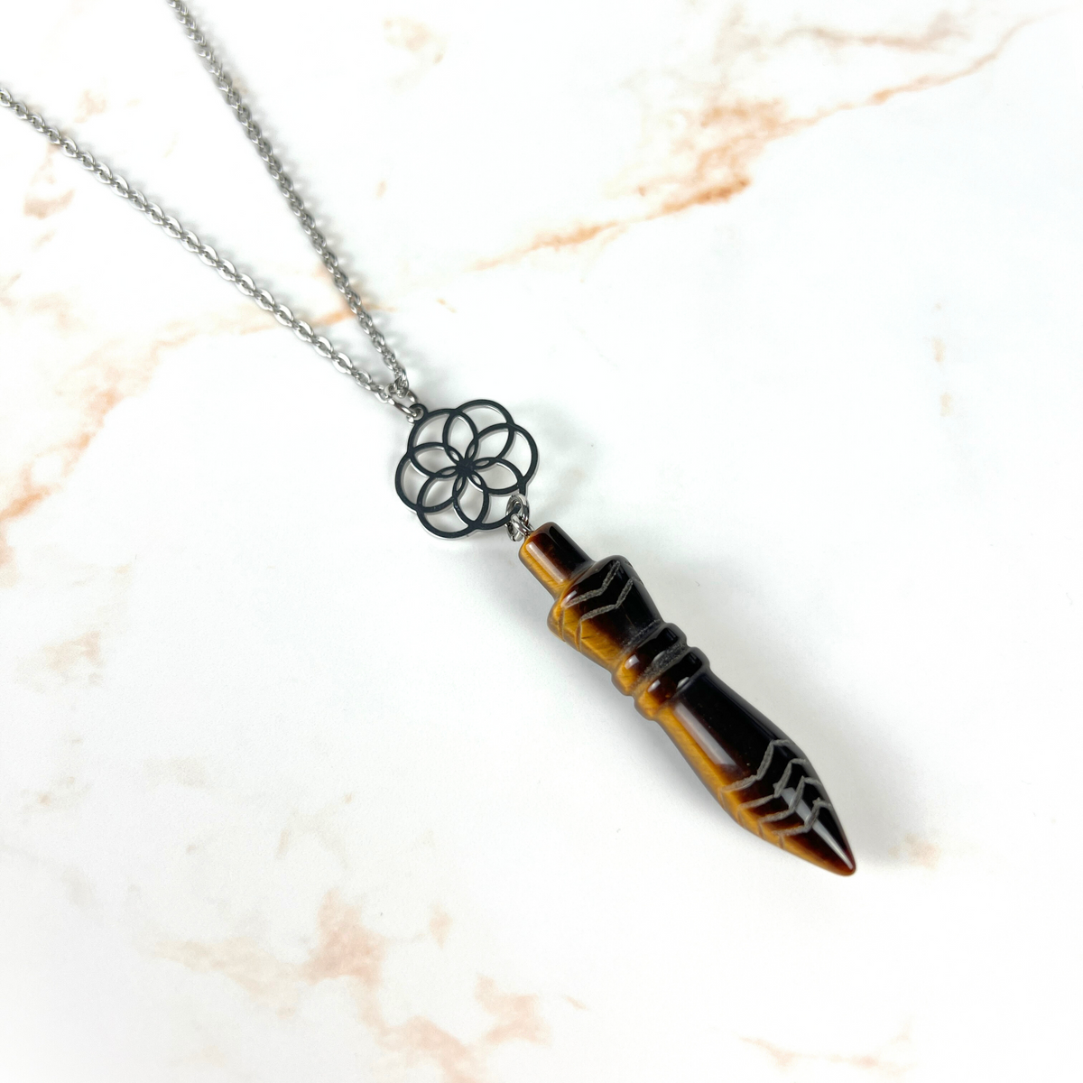 Engraved Egyptian Thot pendulum necklace, tiger's eye, flower of life, stainless steel Baguette Magick