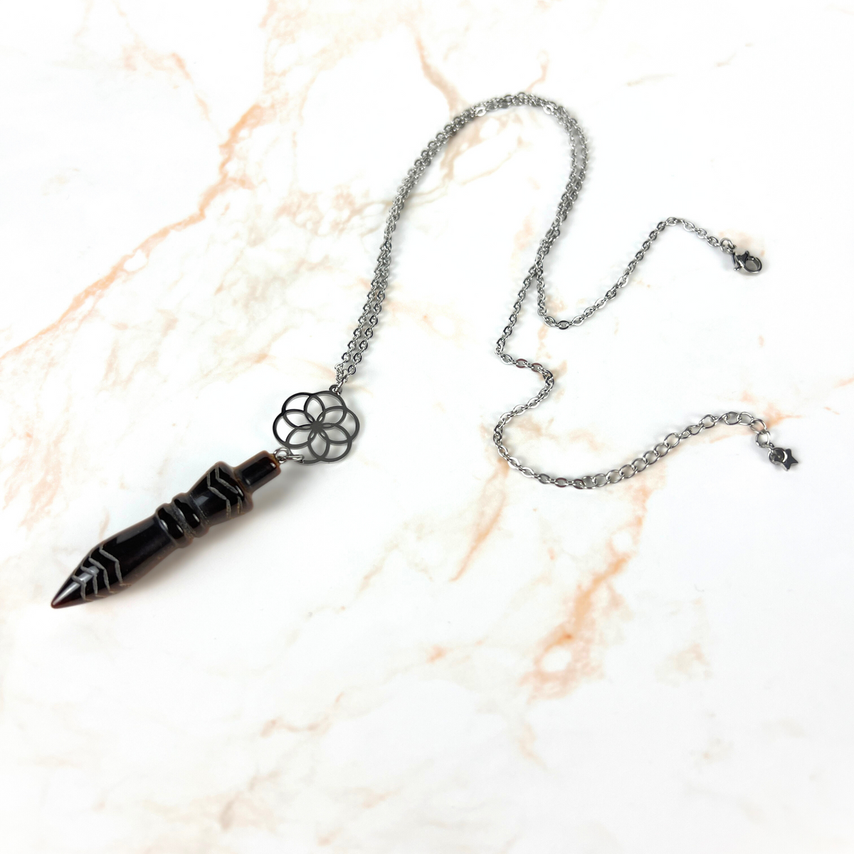 Engraved Egyptian Thot pendulum necklace, tiger's eye, flower of life, stainless steel Baguette Magick