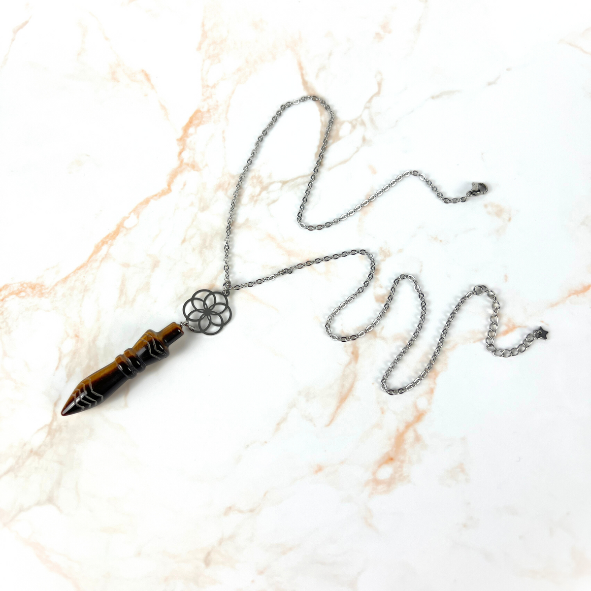 Engraved Egyptian Thot pendulum necklace, tiger's eye, flower of life, stainless steel Baguette Magick