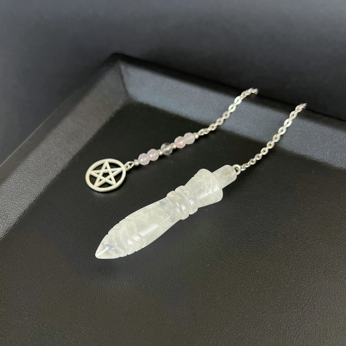 Engraved Egyptian Thot pendulum, clear Quartz, Rose Quartz, stainless steel, Pentacle Baguette Magick