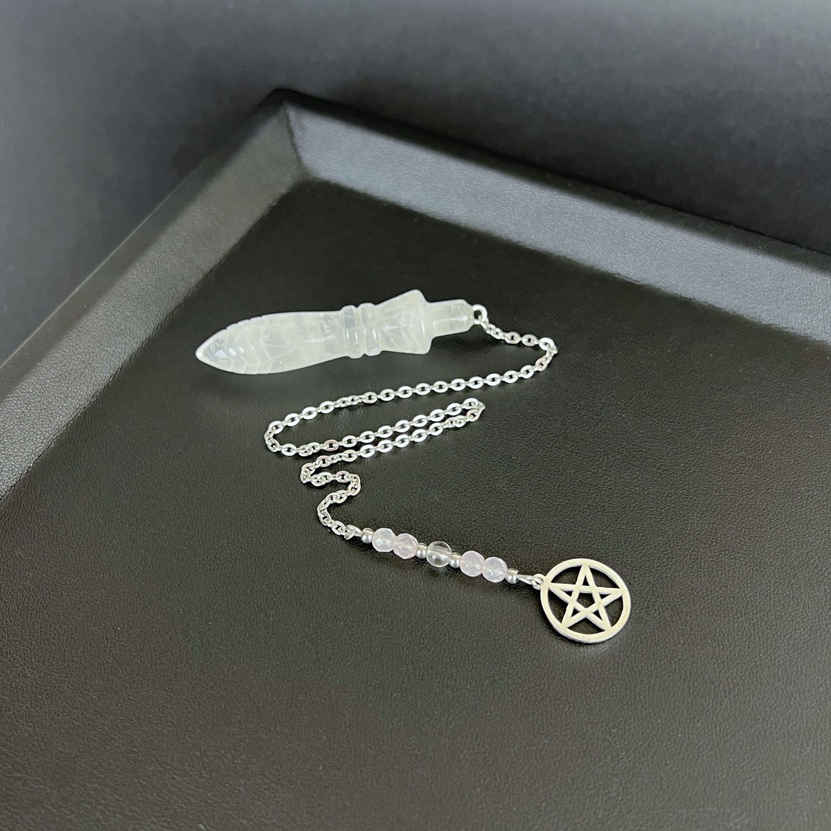 Engraved Egyptian Thot pendulum, clear Quartz, Rose Quartz, stainless steel, Pentacle Baguette Magick