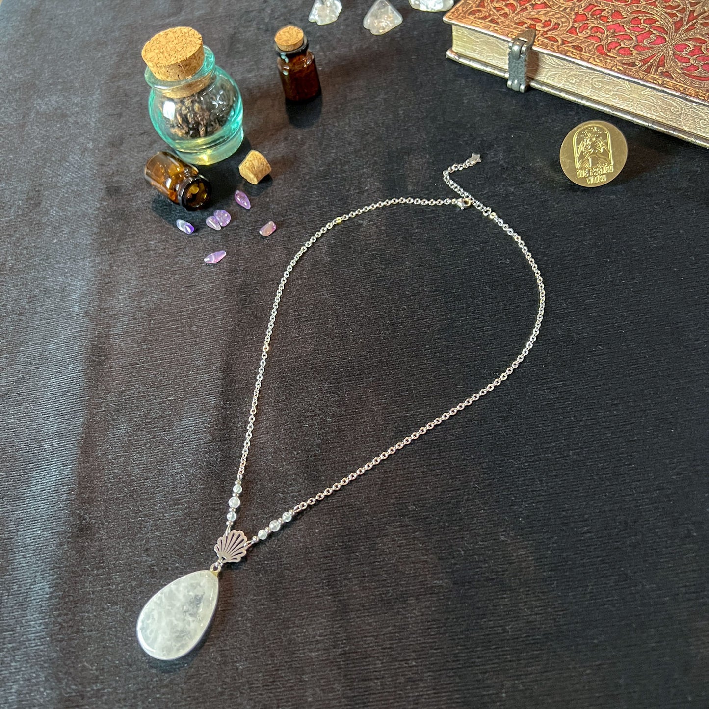 sea shell charm quartz pendant moonstone rose quartz beads witch necklace