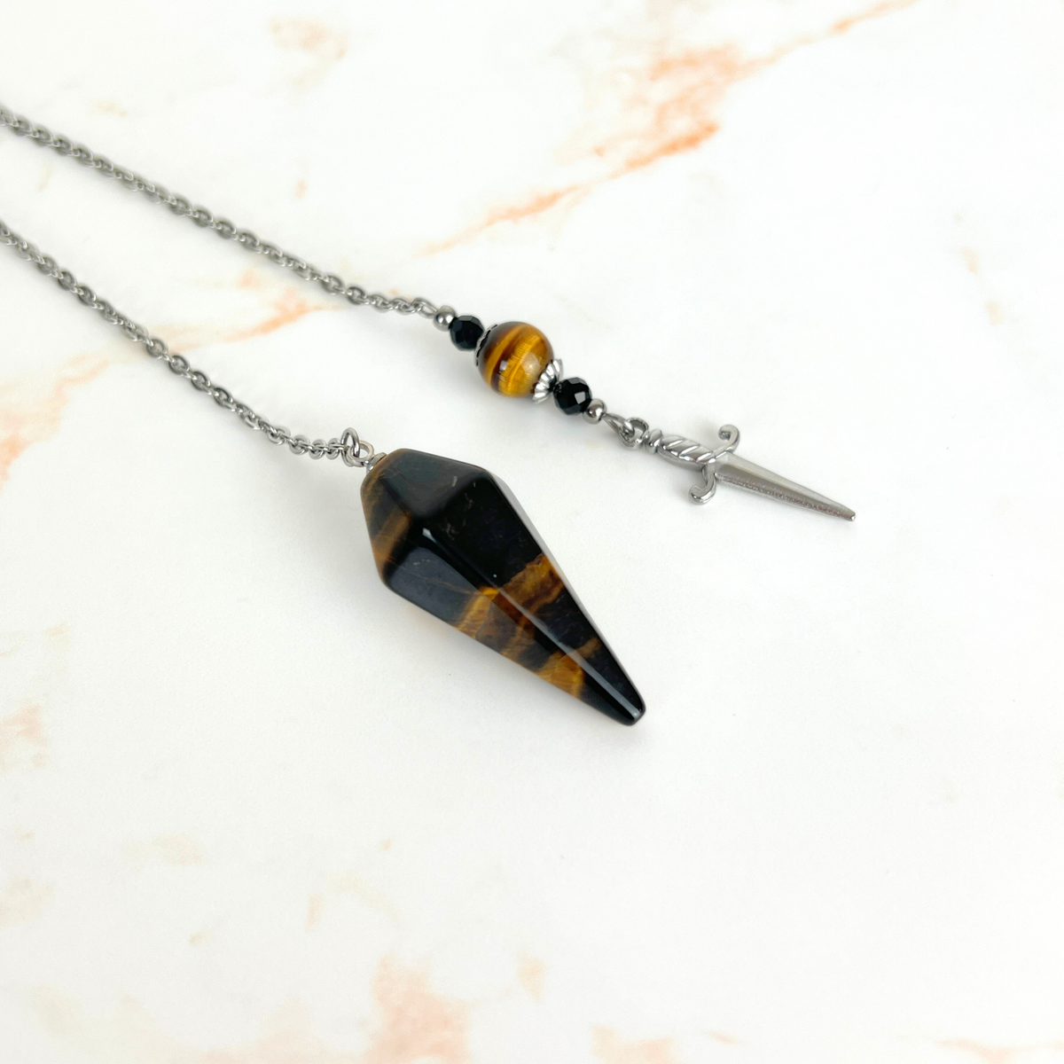 The athame pendulum, Tiger Eye, Onyx, stainless steel Baguette Magick