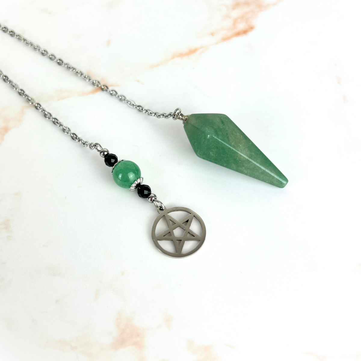 The witch pentacle pendulum, Aventurine, Onyx, stainless steel Baguette Magick