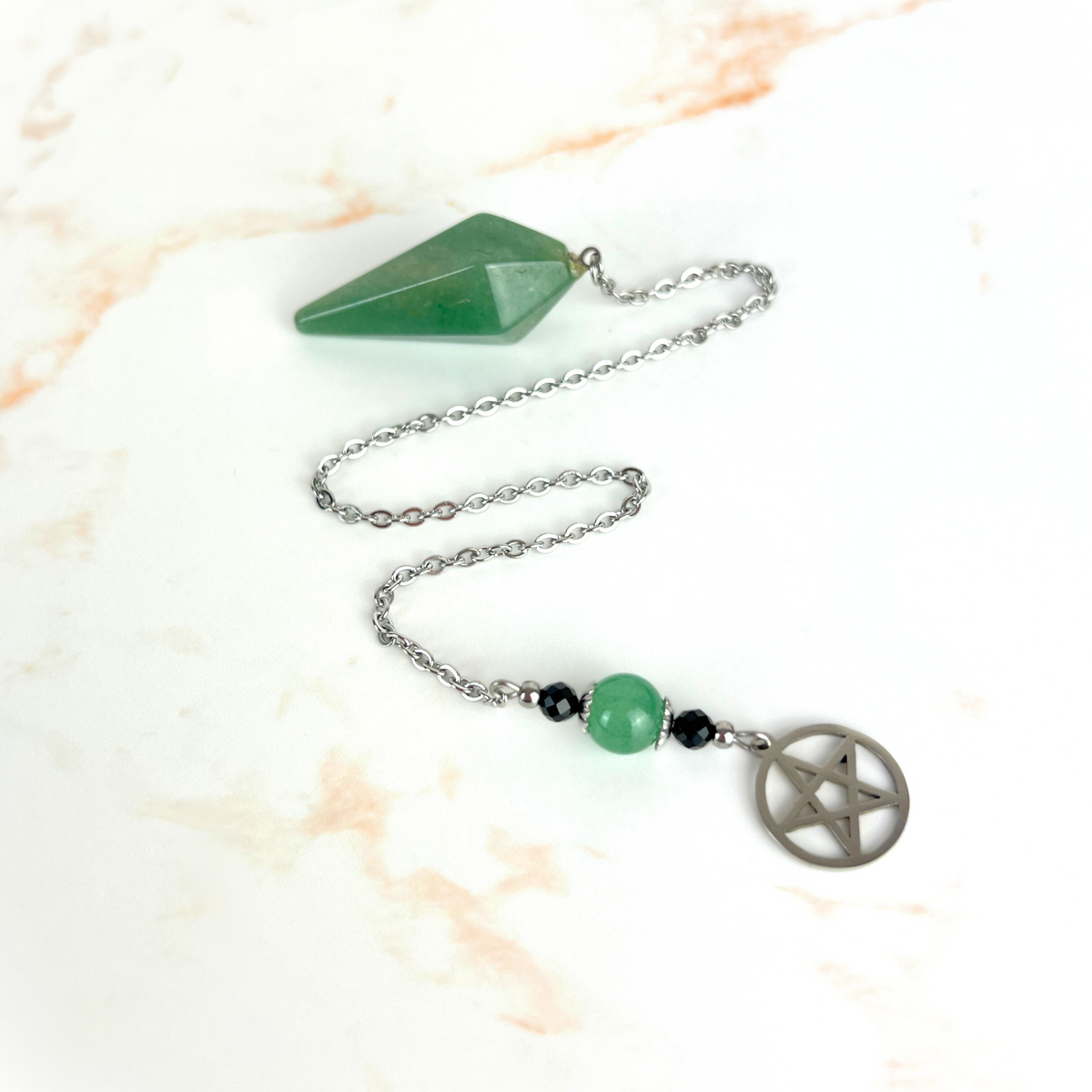 The witch pentacle pendulum, Aventurine, Onyx, stainless steel Baguette Magick