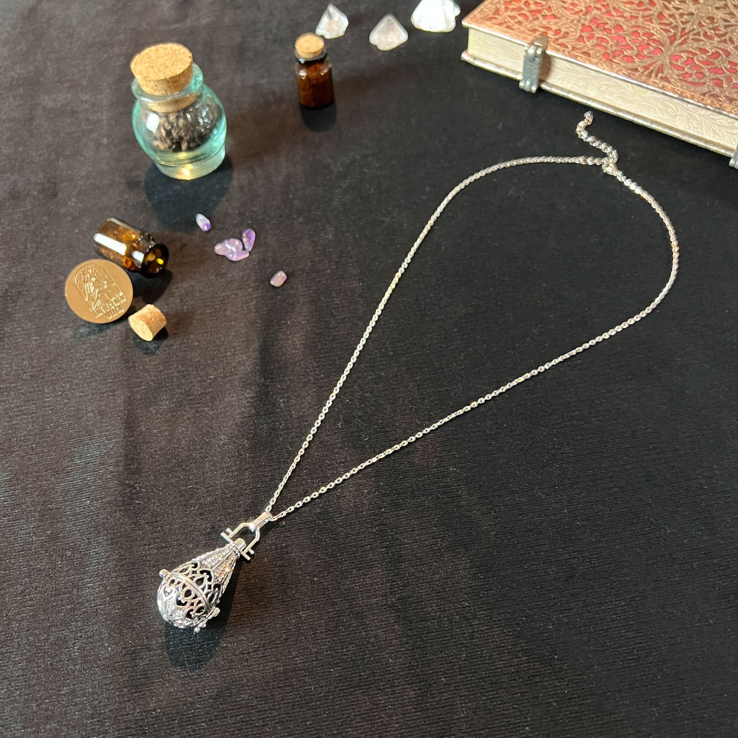 Obsidian gothic locket necklace adorned with rhinestones Baguette Magick