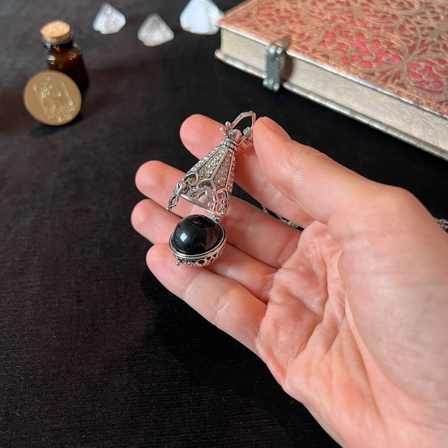 Obsidian gothic locket necklace adorned with rhinestones Baguette Magick