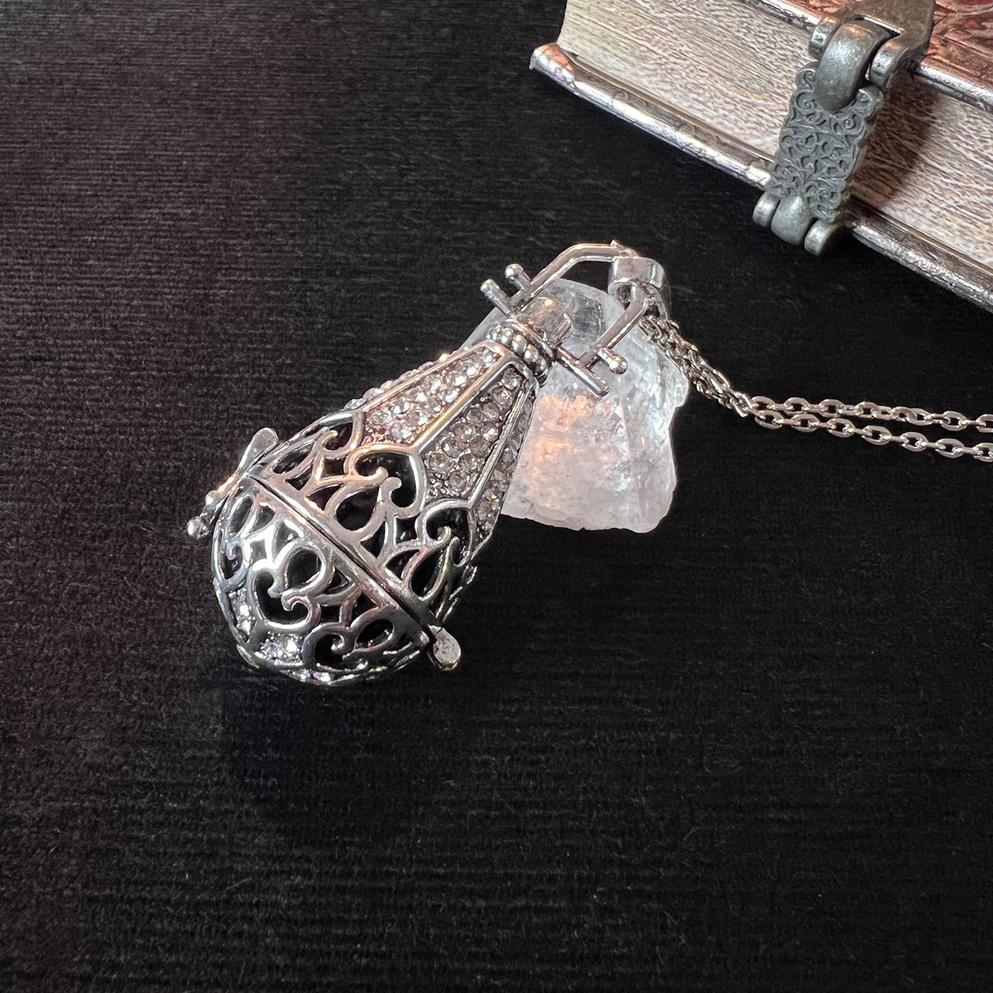 Obsidian gothic locket necklace adorned with rhinestones Baguette Magick