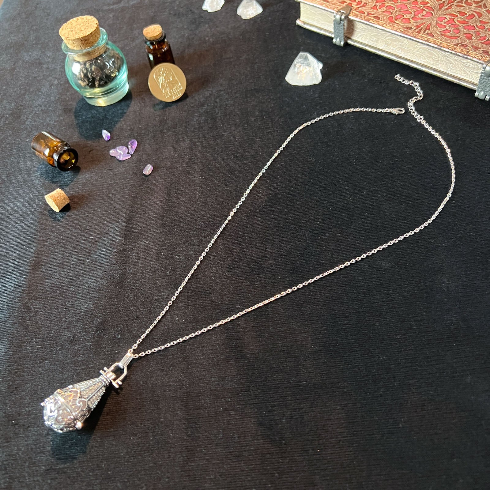 Rose quartz gothic locket necklace adorned with rhinestones Baguette Magick