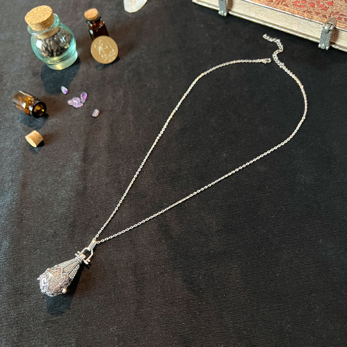 Rose quartz gothic locket necklace adorned with rhinestones Baguette Magick