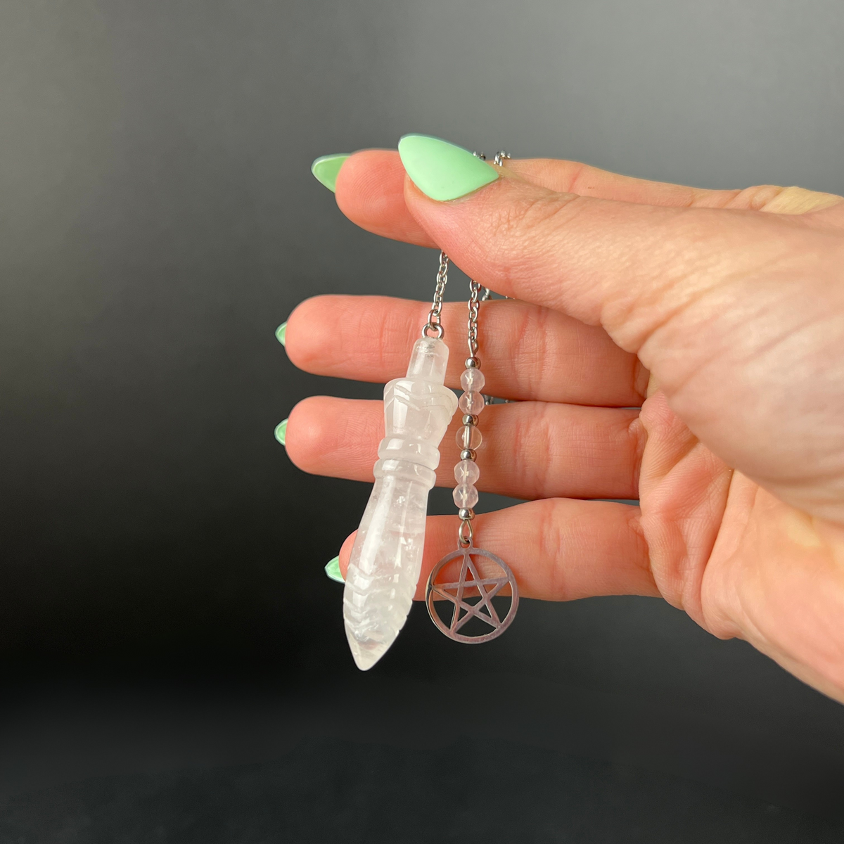 Engraved Egyptian Thot pendulum, clear Quartz, Rose Quartz, stainless steel, Pentacle Baguette Magick