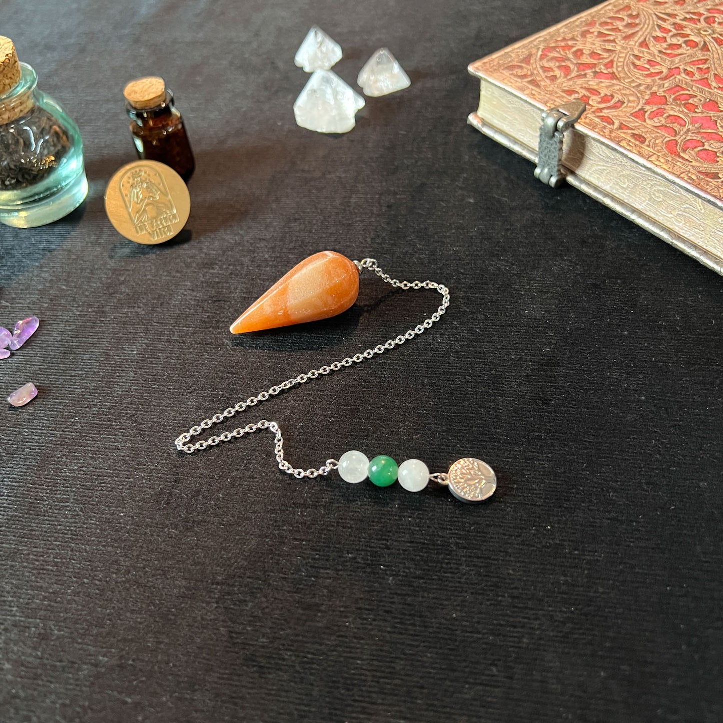 gemstone pendulum orange green aventurine clear quartz divination tool made of stainless steel with a spiritual tree of life charm for witchcraft psychic reiki