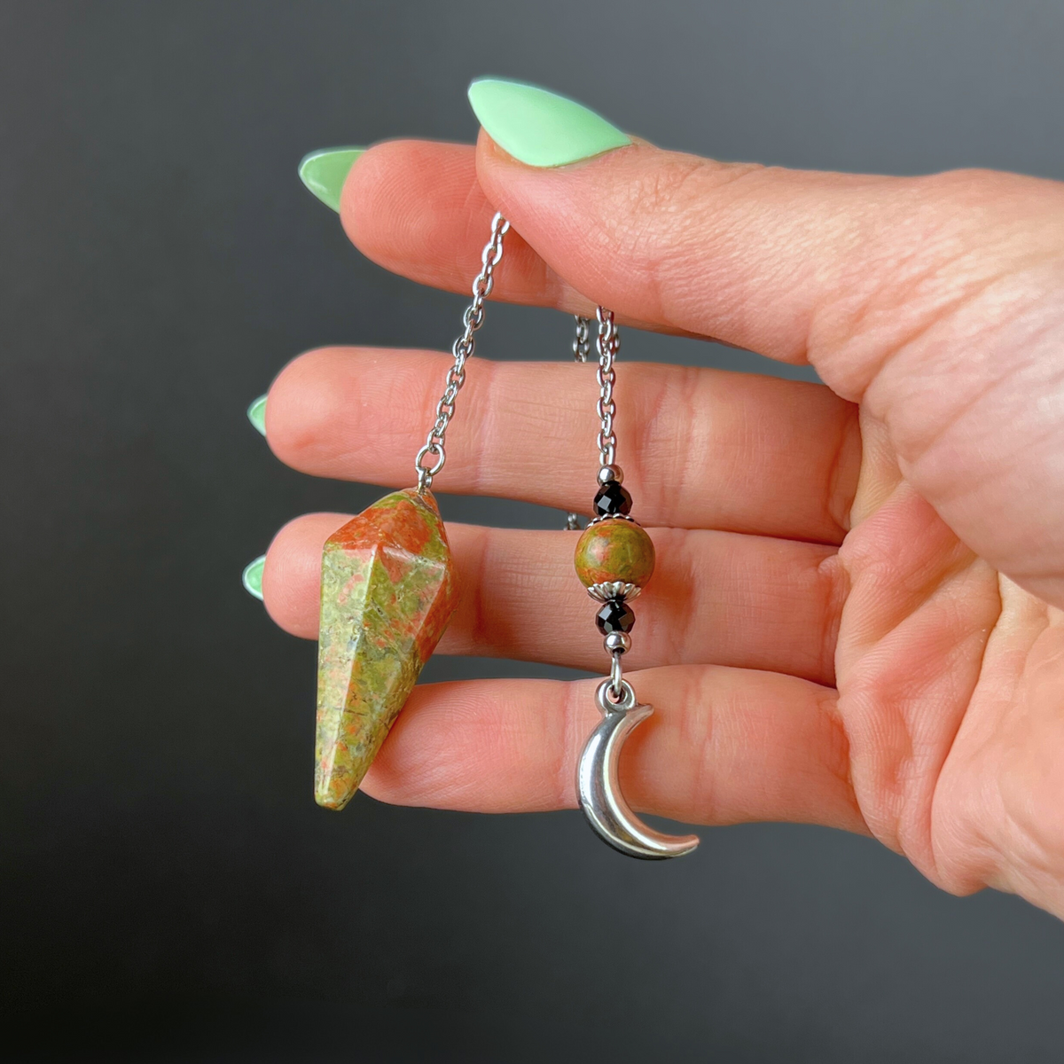 The Moonlight mystery pendulum, Unakite, Onyx, stainless steel Baguette Magick