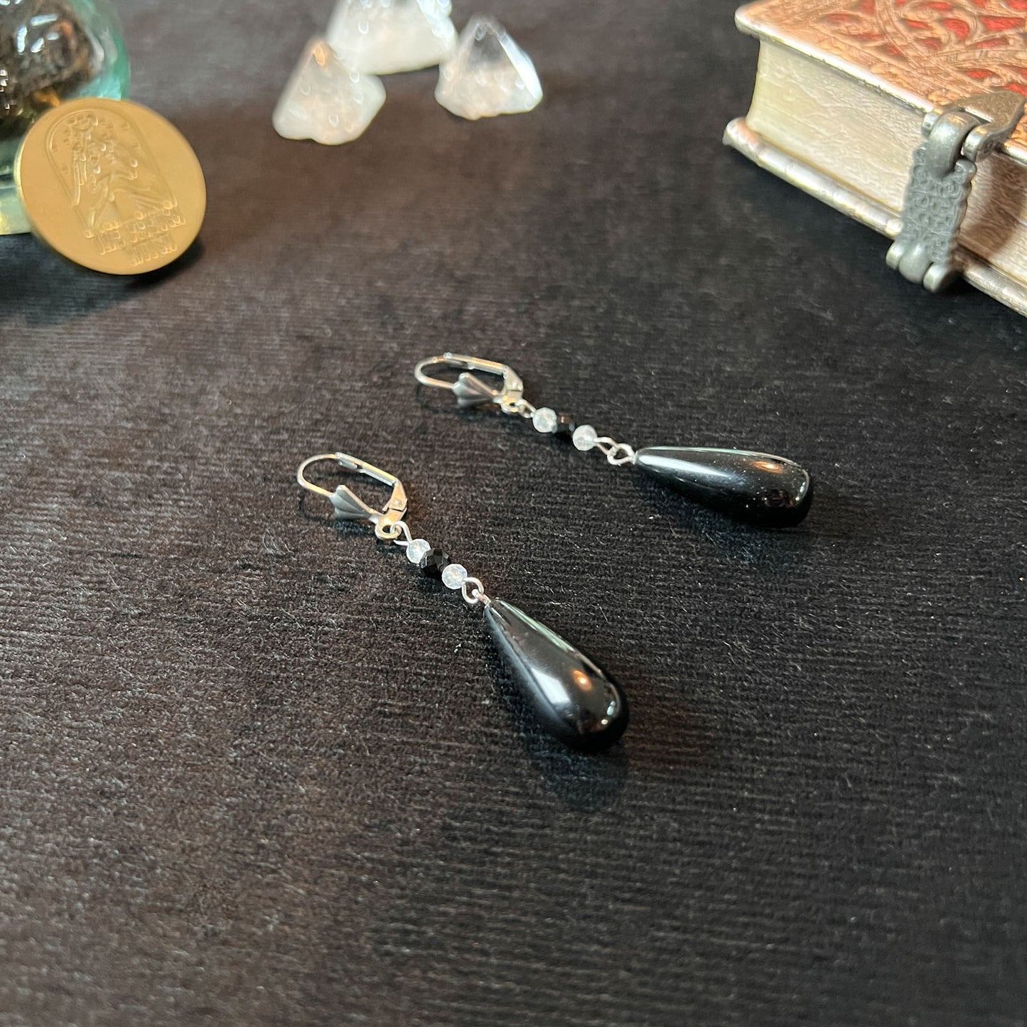 dainty art deco earrings obsidian onyx moonstone faceted beads gemstone jewelry gift for her