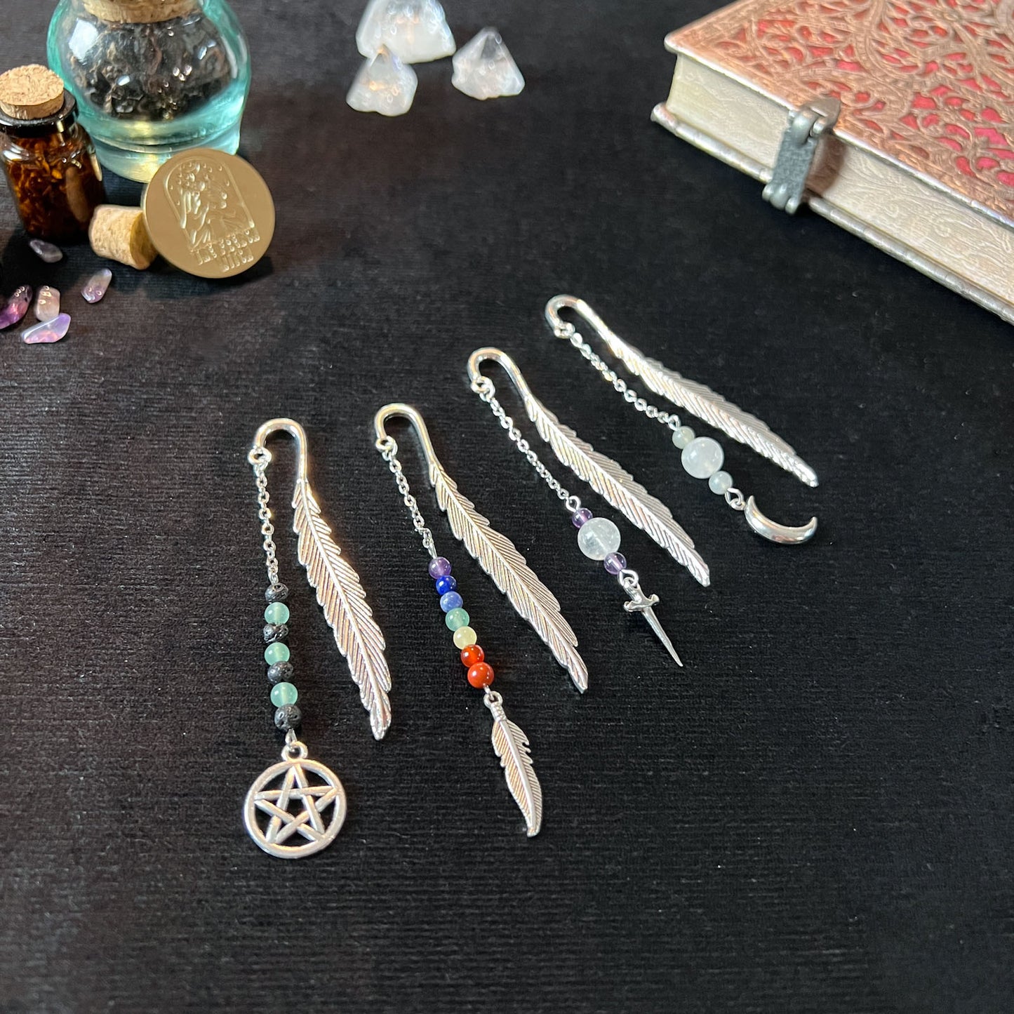 gemstone bookmark grimoire book of shadows journal lava rock aventurine 7 chakra quartz amethyst labradorite witch gift