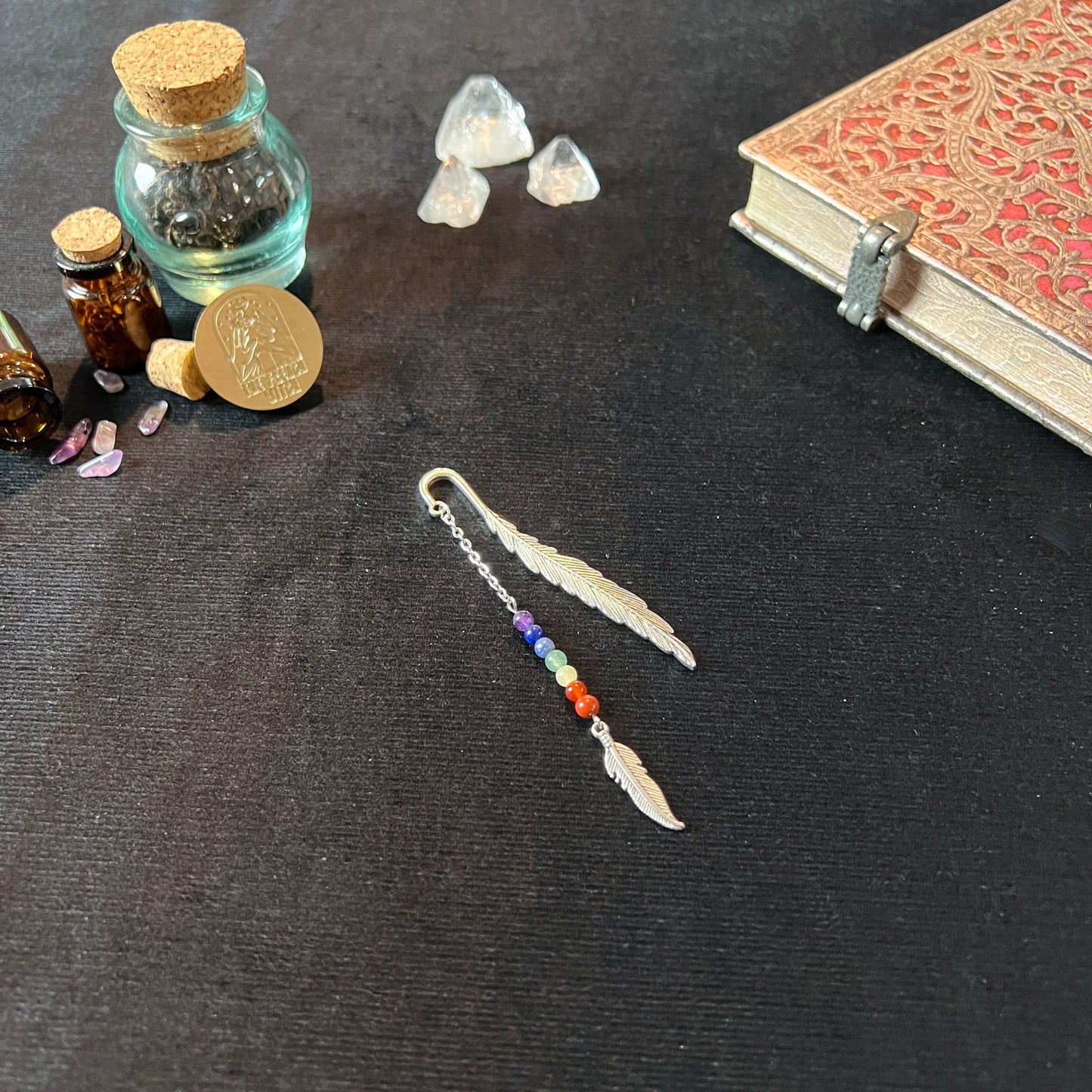 gemstone bookmark grimoire book of shadows journal lava rock aventurine 7 chakra quartz amethyst labradorite witch gift