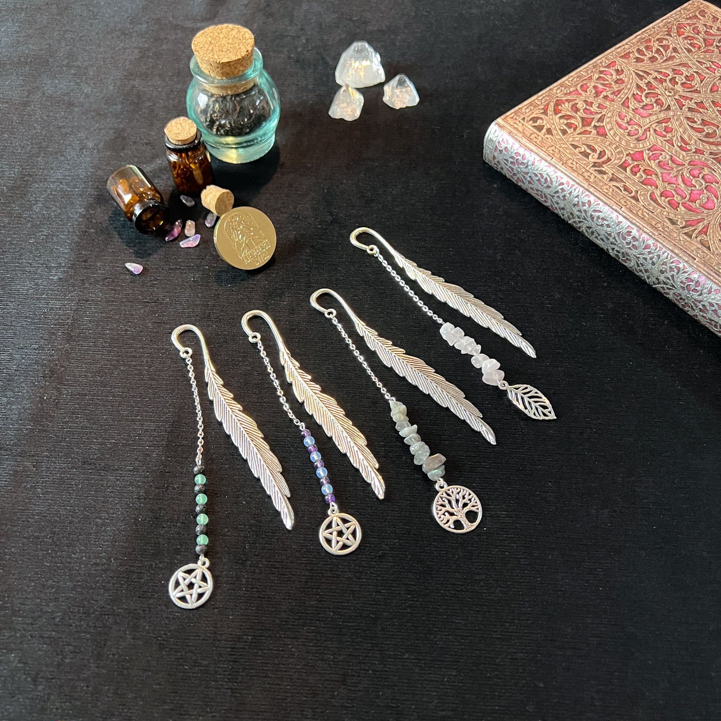 gemstone bookmark pentacle tree of life leaf aventurine amethyst opalite lava rock labradorite rose quartz witch gift grimoire journal book of shadows