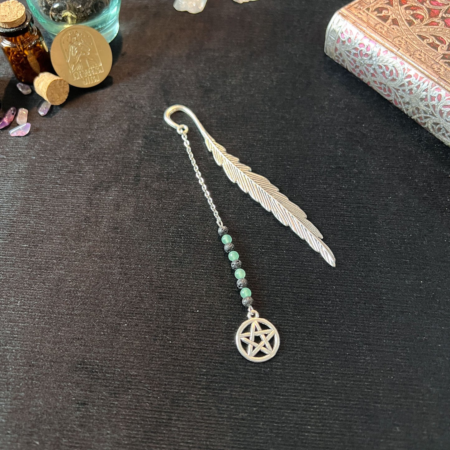 gemstone bookmark pentacle tree of life leaf aventurine amethyst opalite lava rock labradorite rose quartz witch gift grimoire journal book of shadows