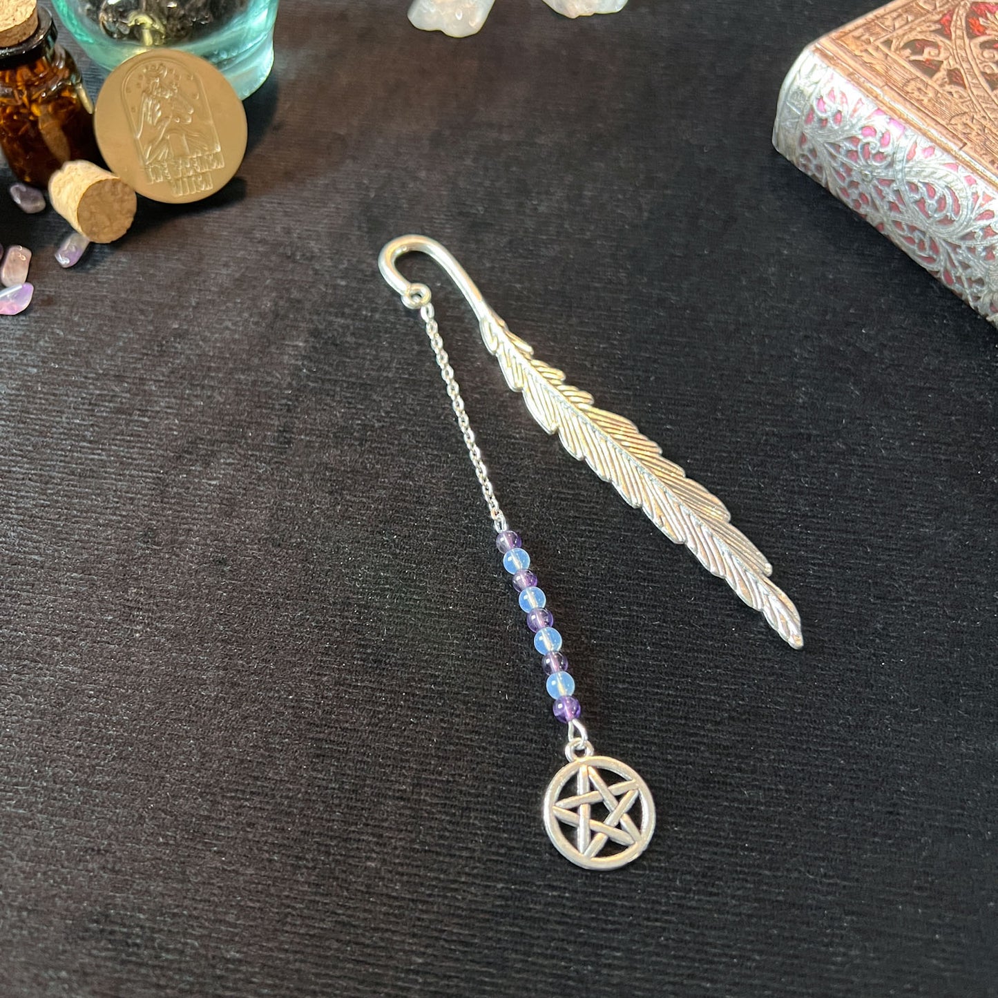 gemstone bookmark pentacle tree of life leaf aventurine amethyst opalite lava rock labradorite rose quartz witch gift grimoire journal book of shadows