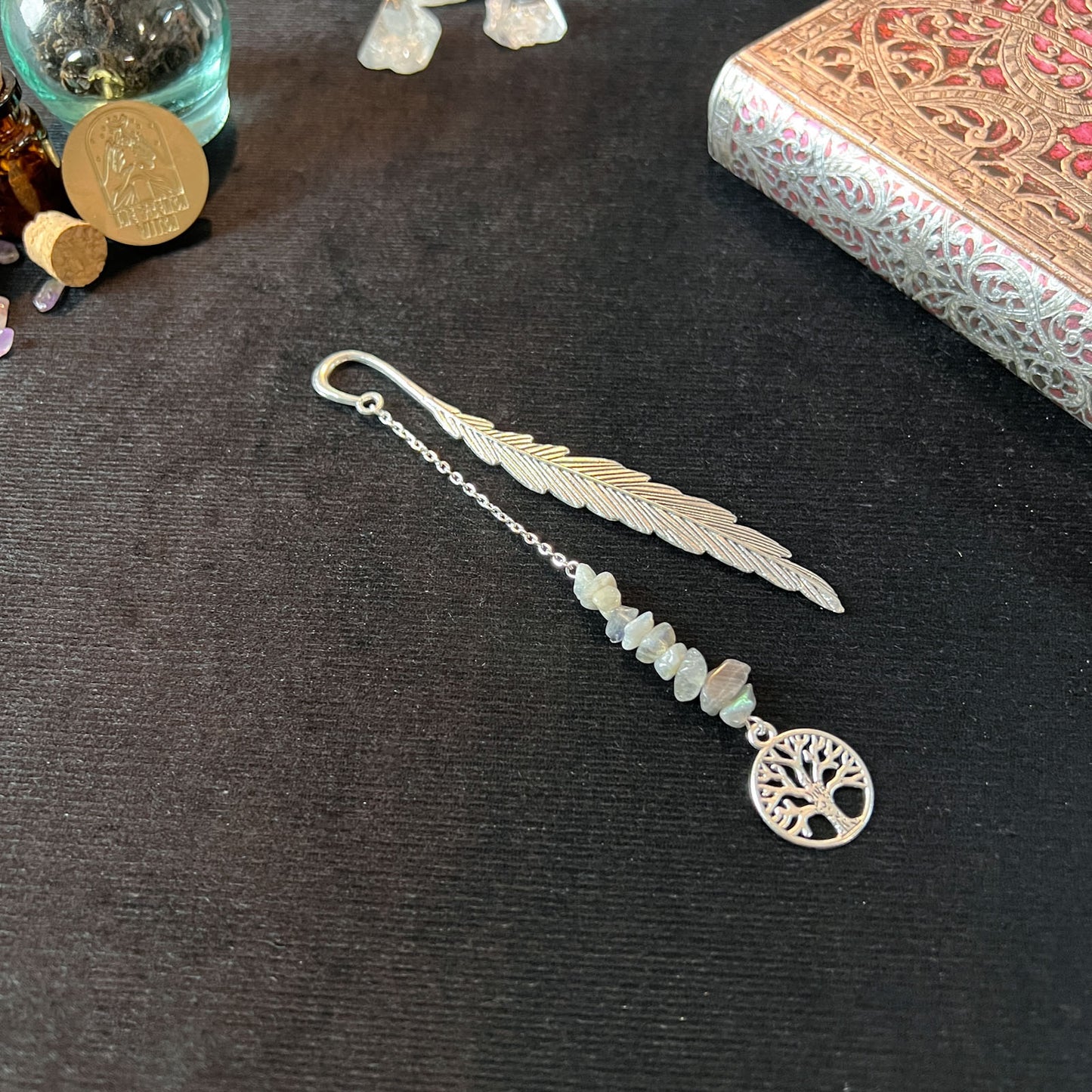 gemstone bookmark pentacle tree of life leaf aventurine amethyst opalite lava rock labradorite rose quartz witch gift grimoire journal book of shadows