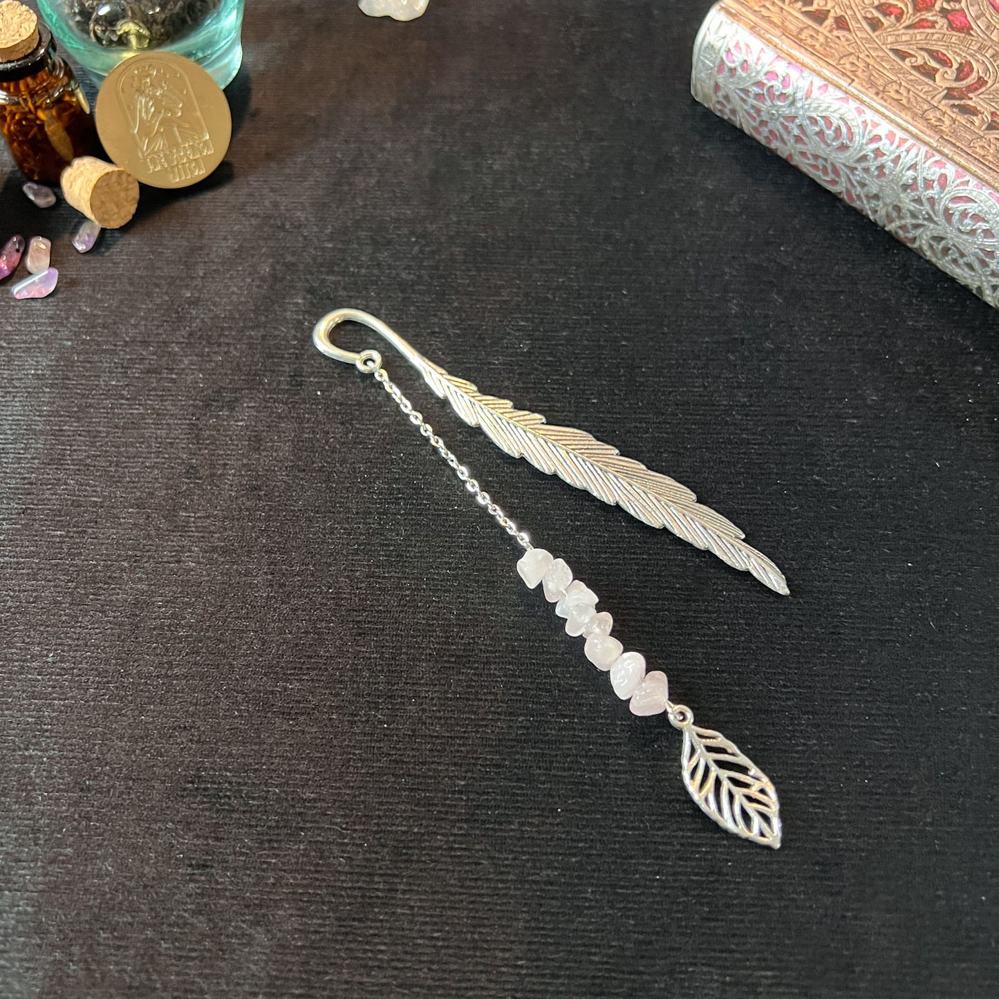 gemstone bookmark pentacle tree of life leaf aventurine amethyst opalite lava rock labradorite rose quartz witch gift grimoire journal book of shadows