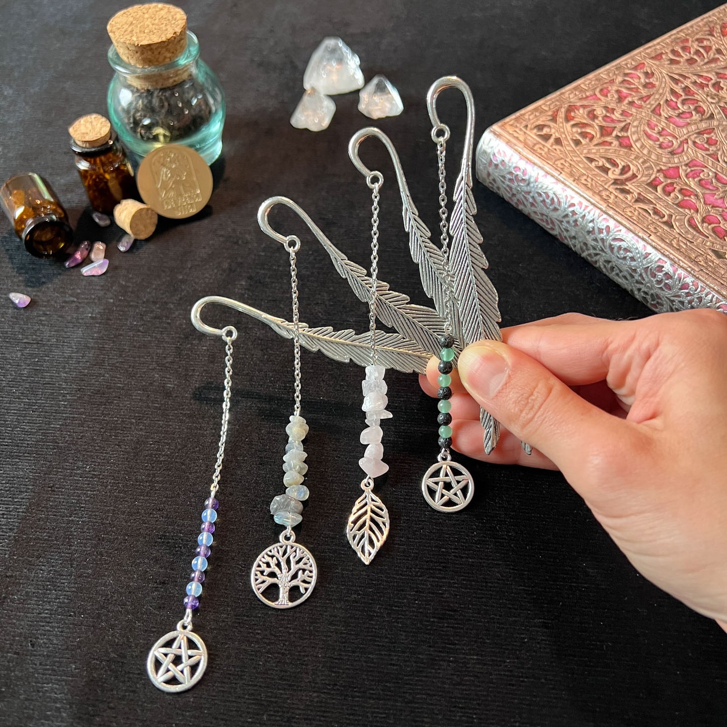 gemstone bookmark pentacle tree of life leaf aventurine amethyst opalite lava rock labradorite rose quartz witch gift grimoire journal book of shadows