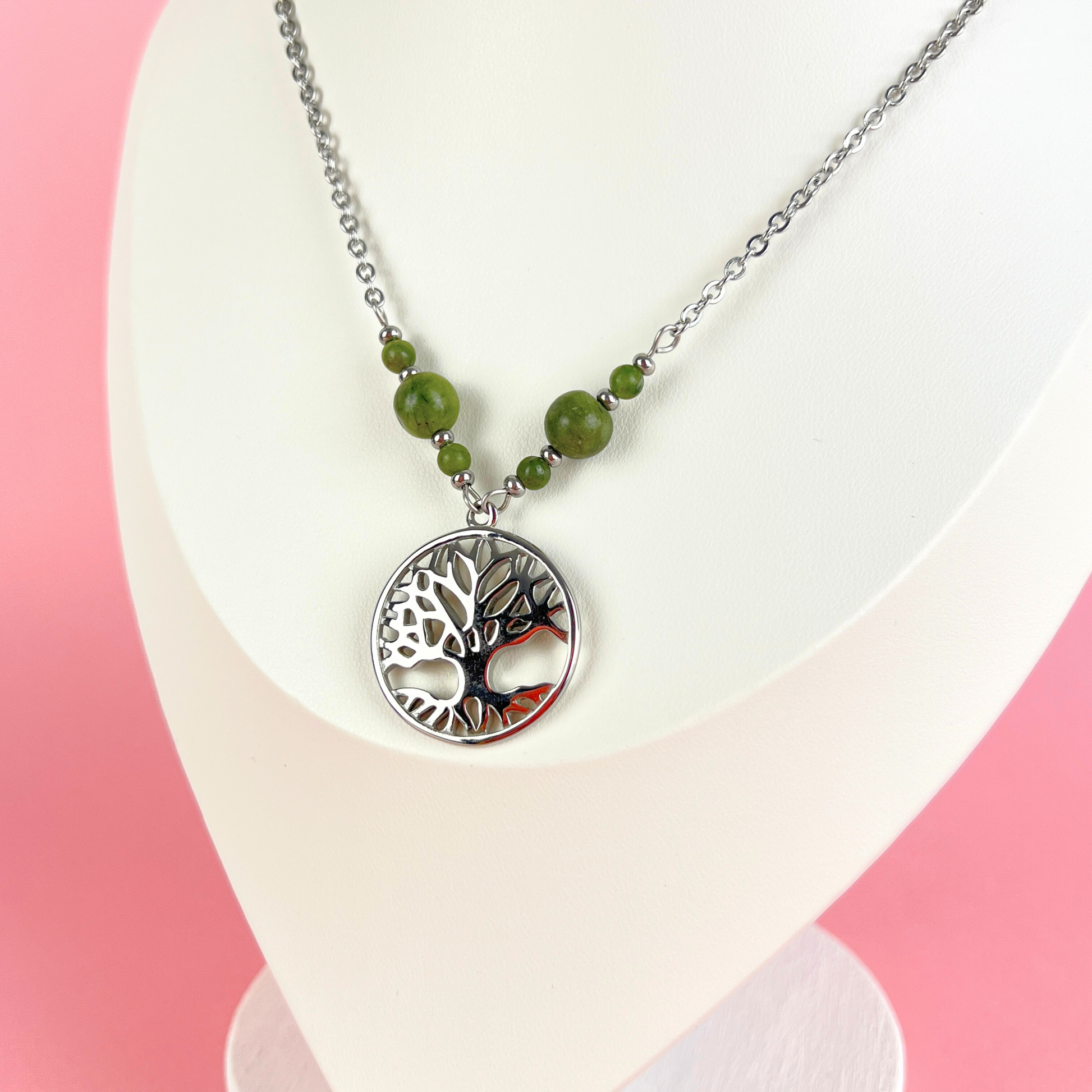 Tree of life pendant necklace, Green Jade beads and stainless steel Baguette Magick