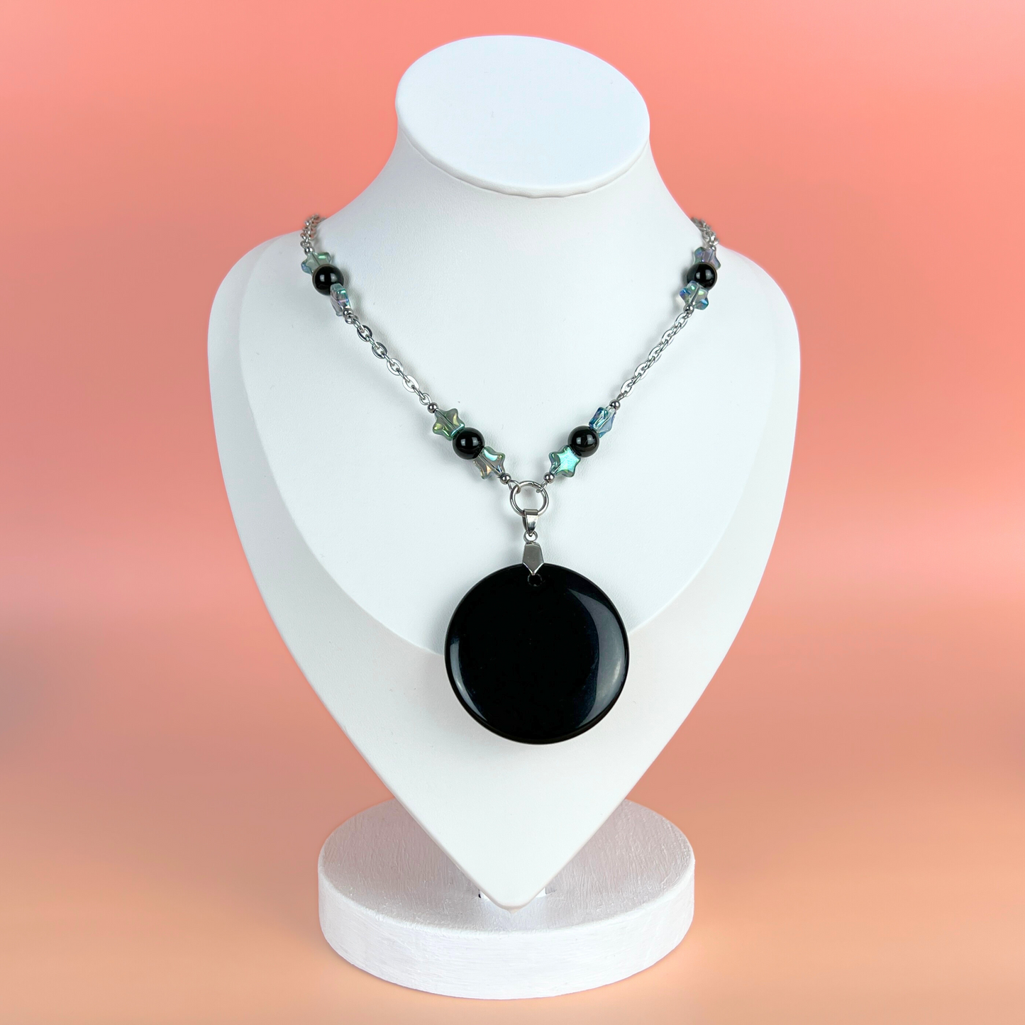 Obsidian black mirror necklace, scrying divination jewelry, rainbow obsidian, stars, stainless steel Baguette Magick