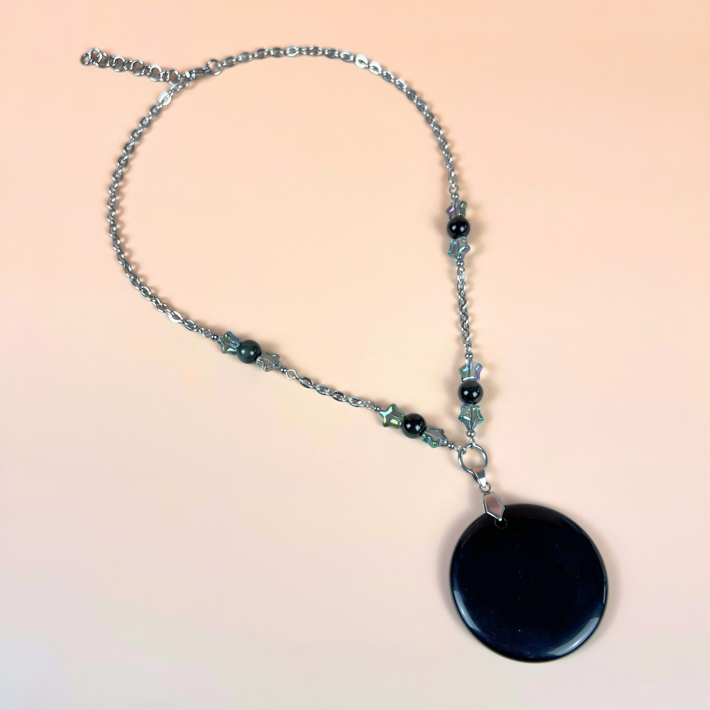 Obsidian black mirror necklace, scrying divination jewelry, rainbow obsidian, stars, stainless steel Baguette Magick