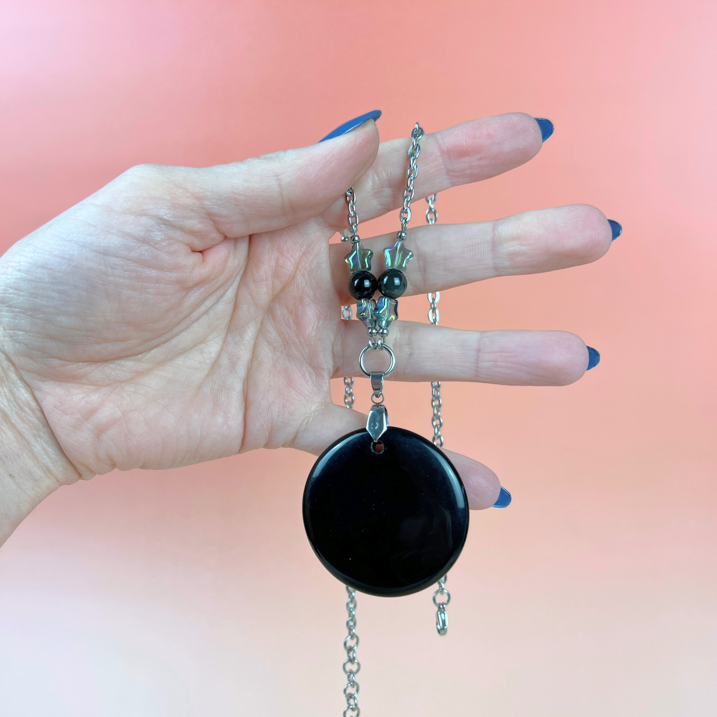 Obsidian black mirror necklace, scrying divination jewelry, rainbow obsidian, stars, stainless steel Baguette Magick