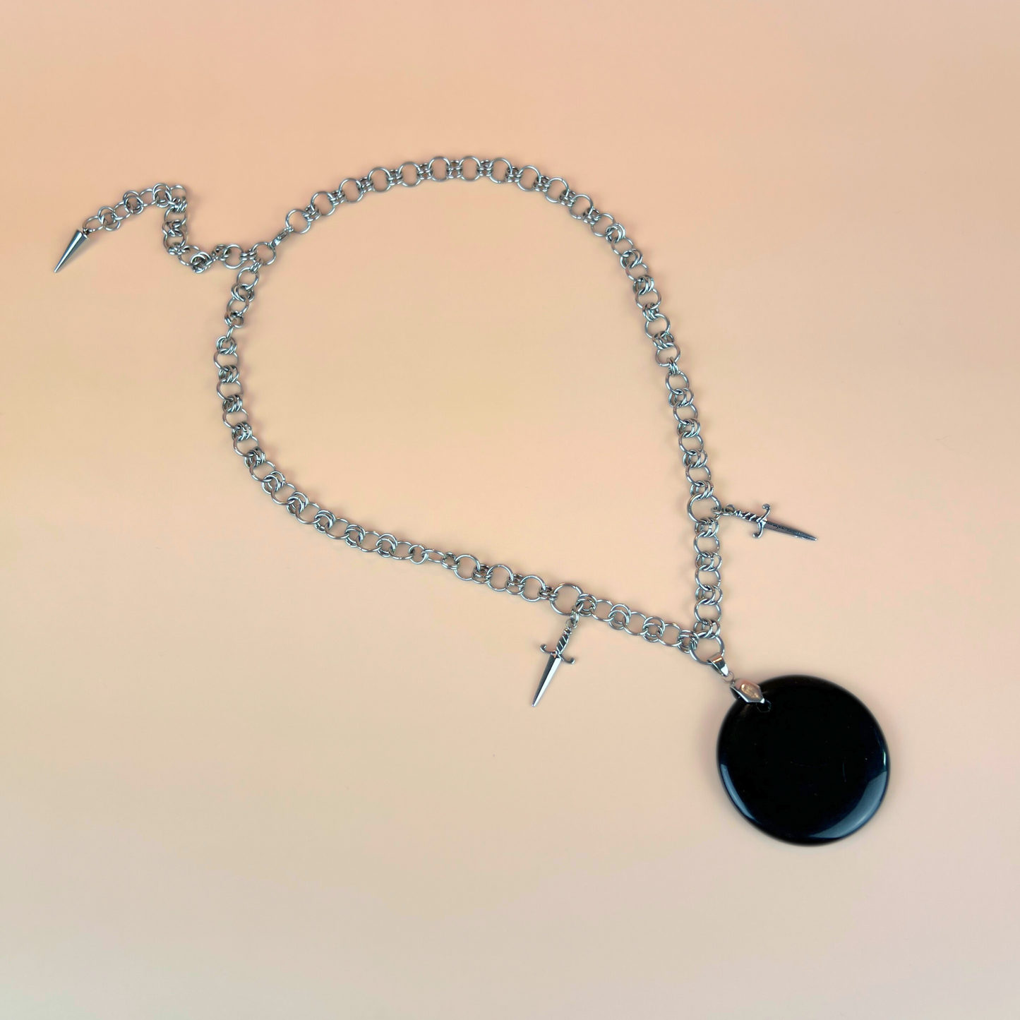 Obsidian black mirror necklace, scrying divination jewelry, athame daggers, stainless steel Baguette Magick