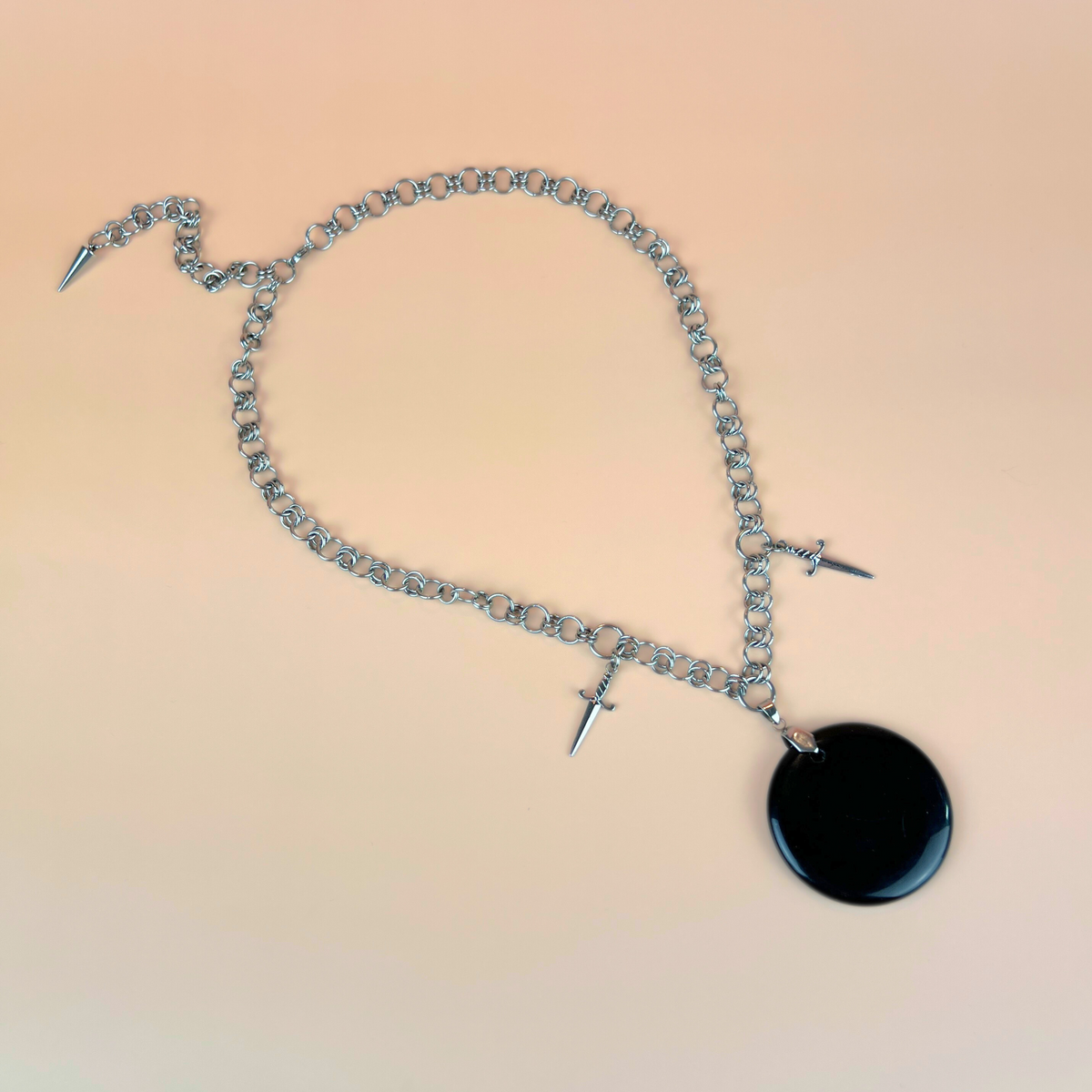Obsidian black mirror necklace, scrying divination jewelry, athame daggers, stainless steel Baguette Magick