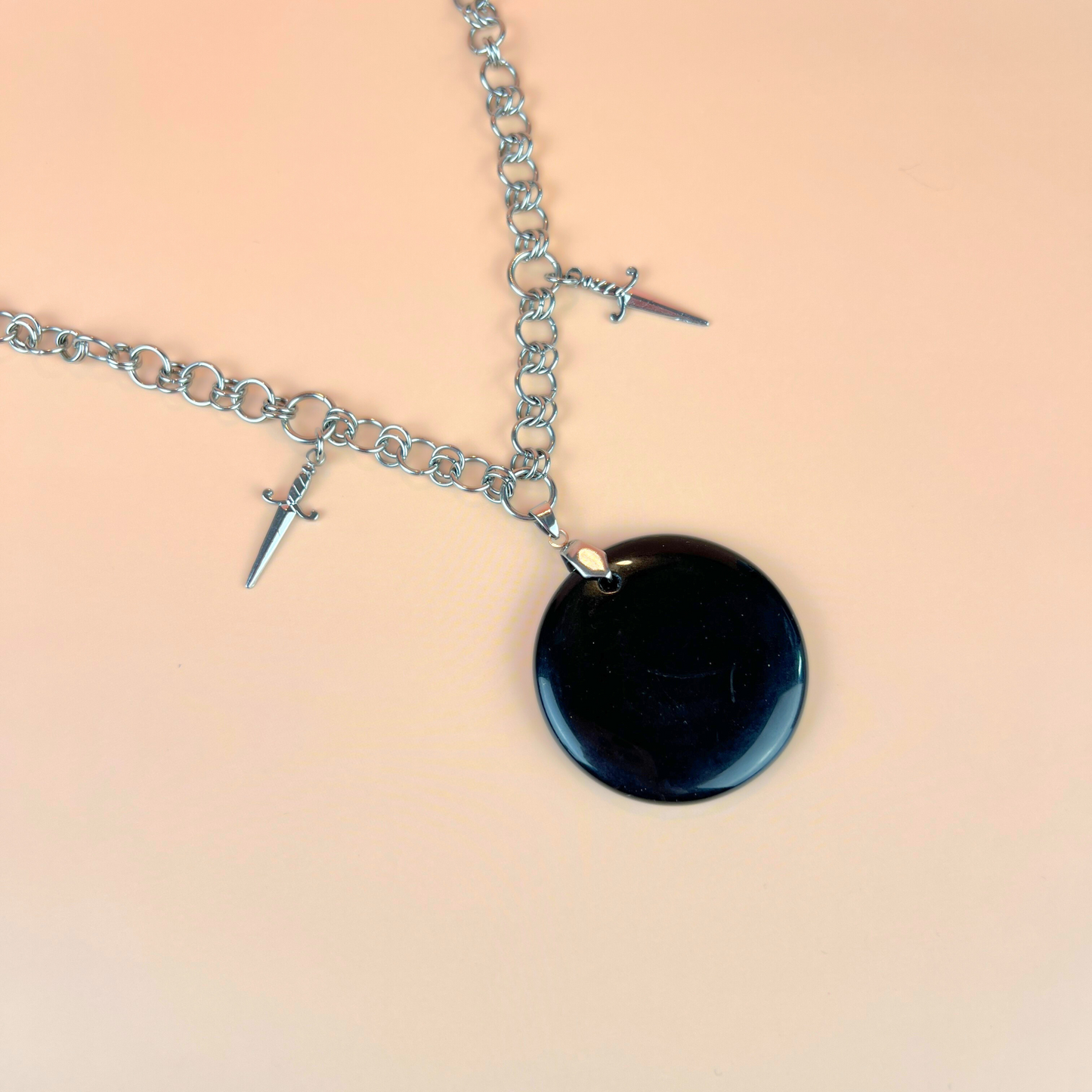 Obsidian black mirror necklace, scrying divination jewelry, athame daggers, stainless steel Baguette Magick
