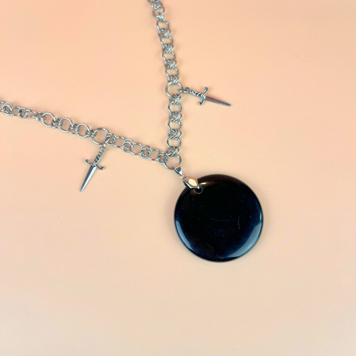Obsidian black mirror necklace, scrying divination jewelry, athame daggers, stainless steel Baguette Magick