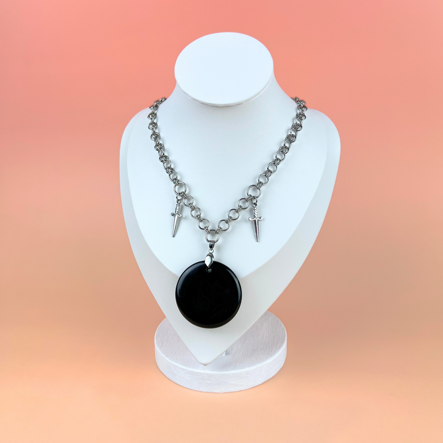 Obsidian black mirror necklace, scrying divination jewelry, athame daggers, stainless steel Baguette Magick