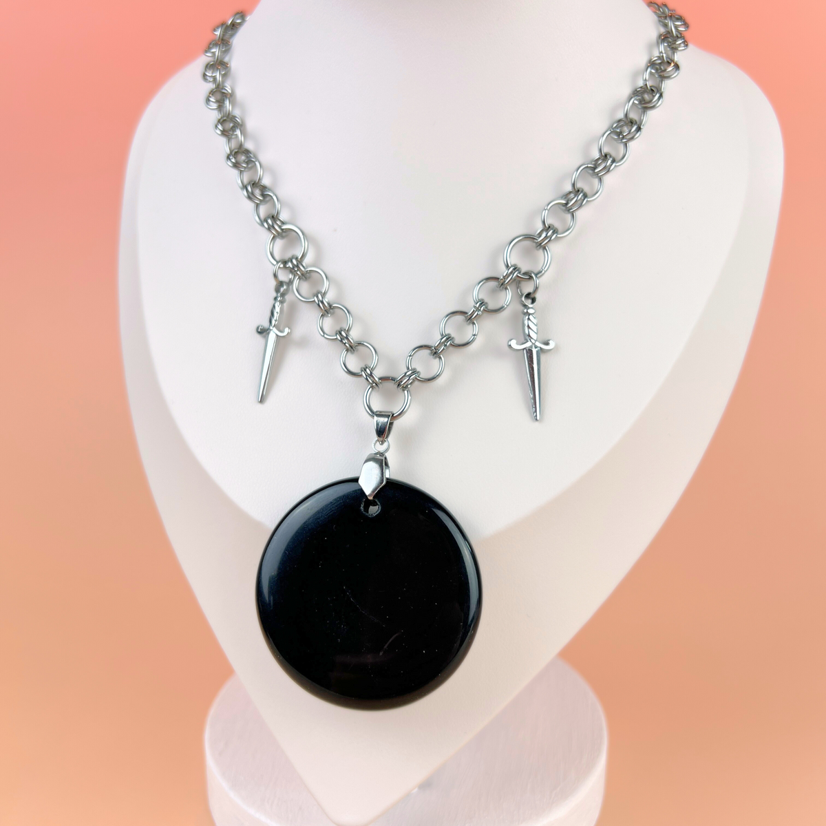 Obsidian black mirror necklace, scrying divination jewelry, athame daggers, stainless steel Baguette Magick
