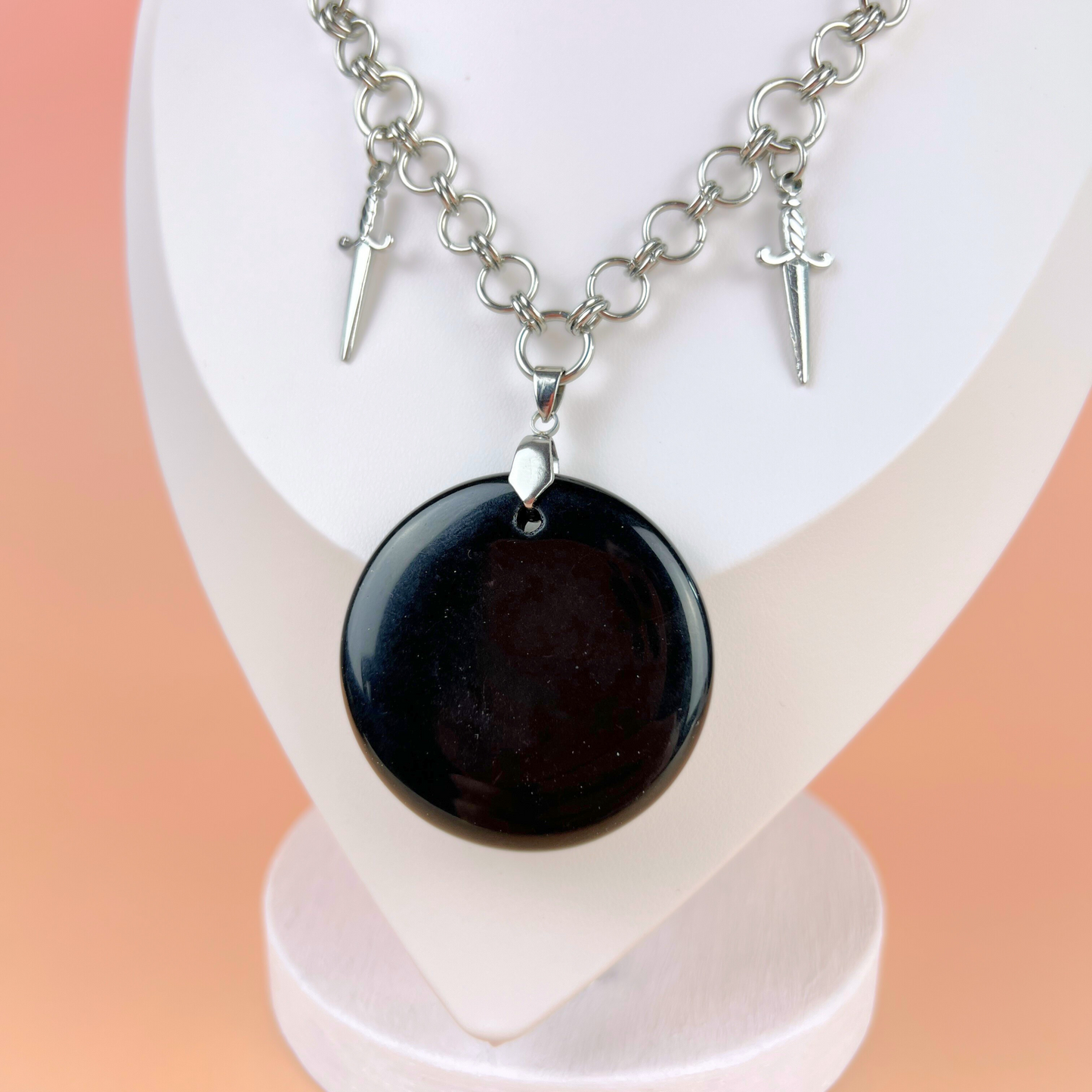 Obsidian black mirror necklace, scrying divination jewelry, athame daggers, stainless steel Baguette Magick