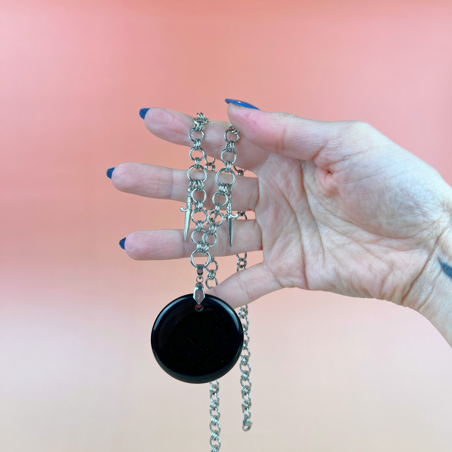 Obsidian black mirror necklace, scrying divination jewelry, athame daggers, stainless steel Baguette Magick