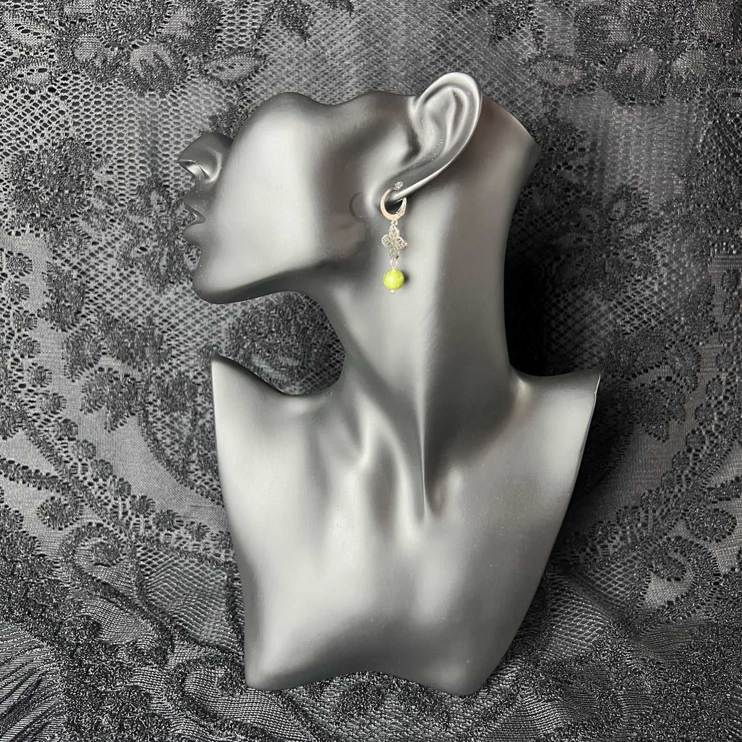 Art deco green jade earrings, floral mandala, stainless steel Baguette Magick