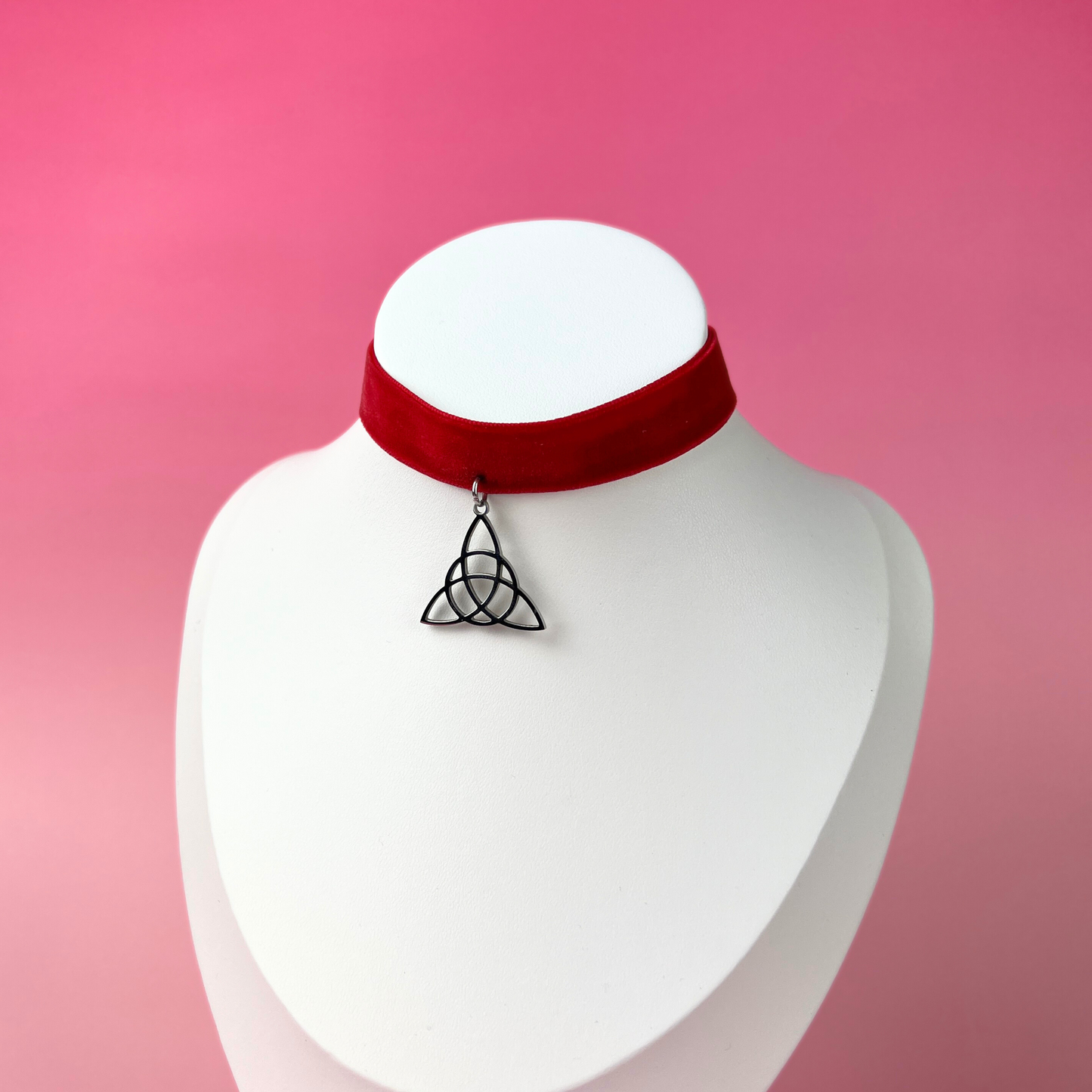 Red velvet and Triquetra Victorian Gothic choker, stainless steel Baguette Magick
