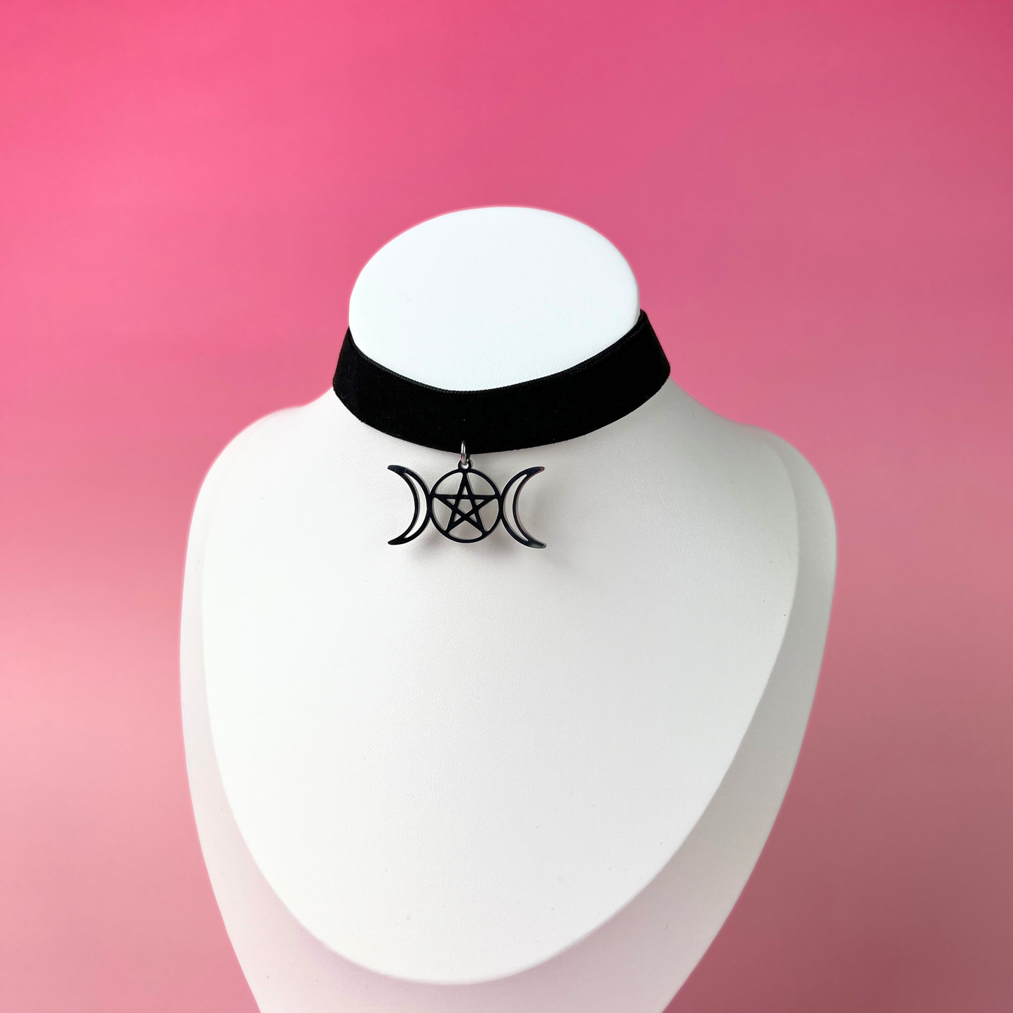 Black velvet Triple Moon Pentacle Wiccan Gothic choker, stainless steel Baguette Magick