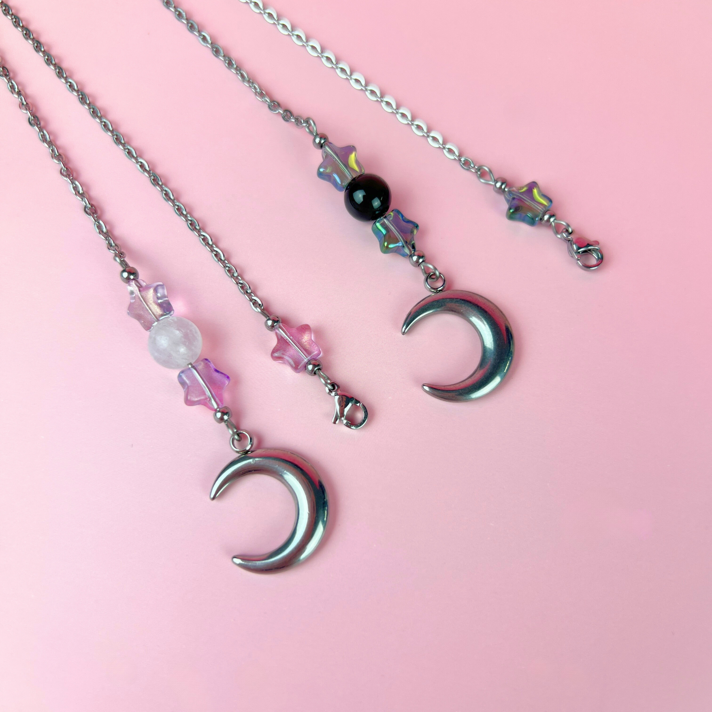 Cute pendulum chains, Stars, Rainbow Obsidian or Clear Quartz, Moon Crescent, stainless steel Baguette Magick